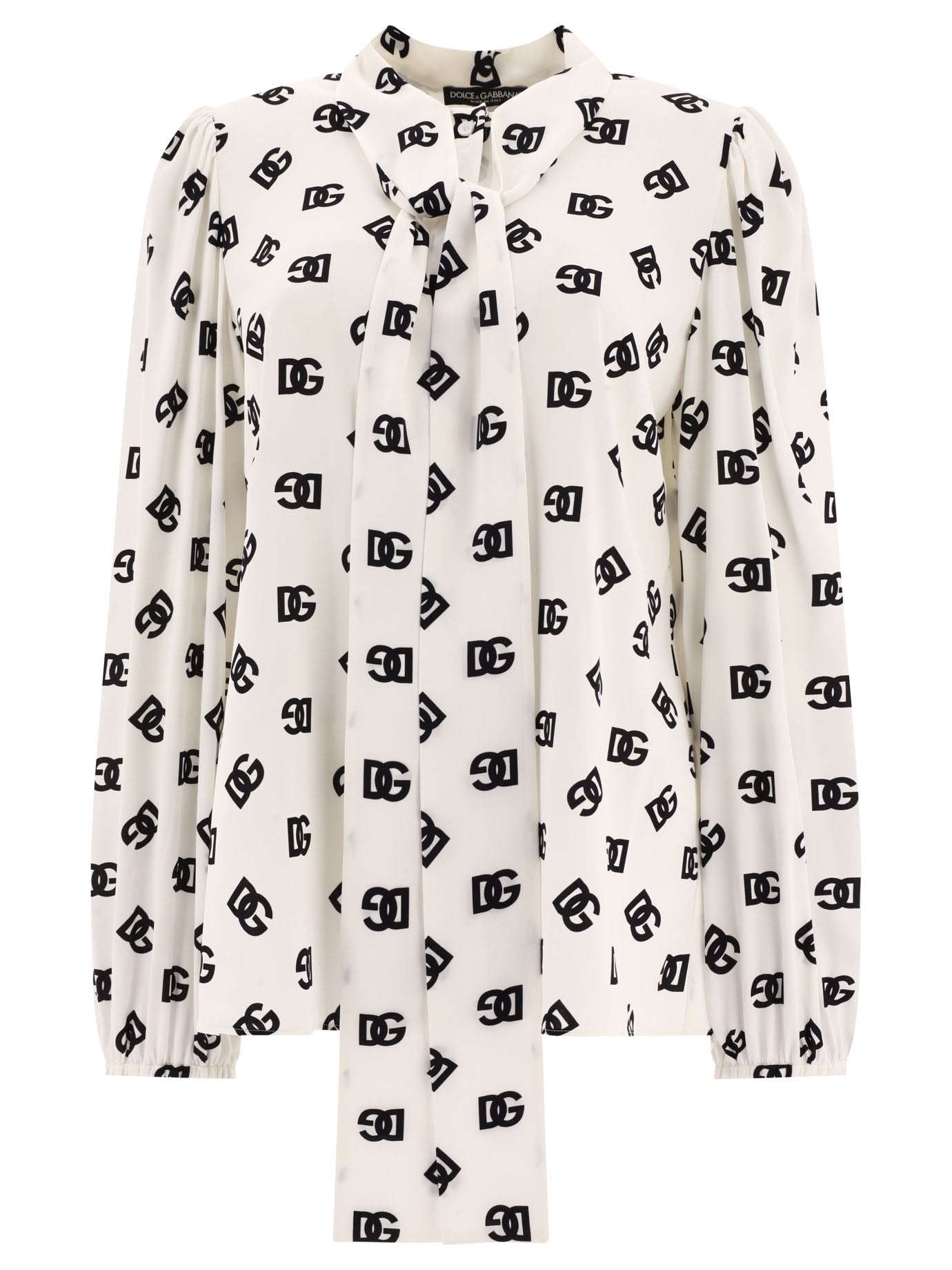 Dolce & Gabbana-Charmeuse Shirt With All-Over Dg Logo Print Shirts Bianco-Donna