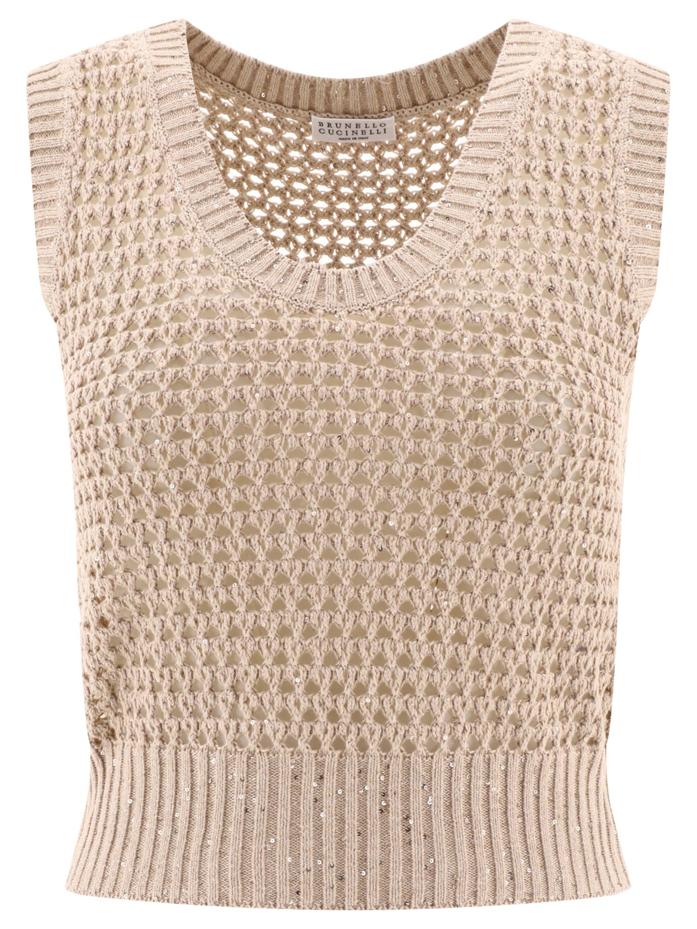 Brunello Cucinelli-Dazzling Net Knit Top Top Beige-Donna