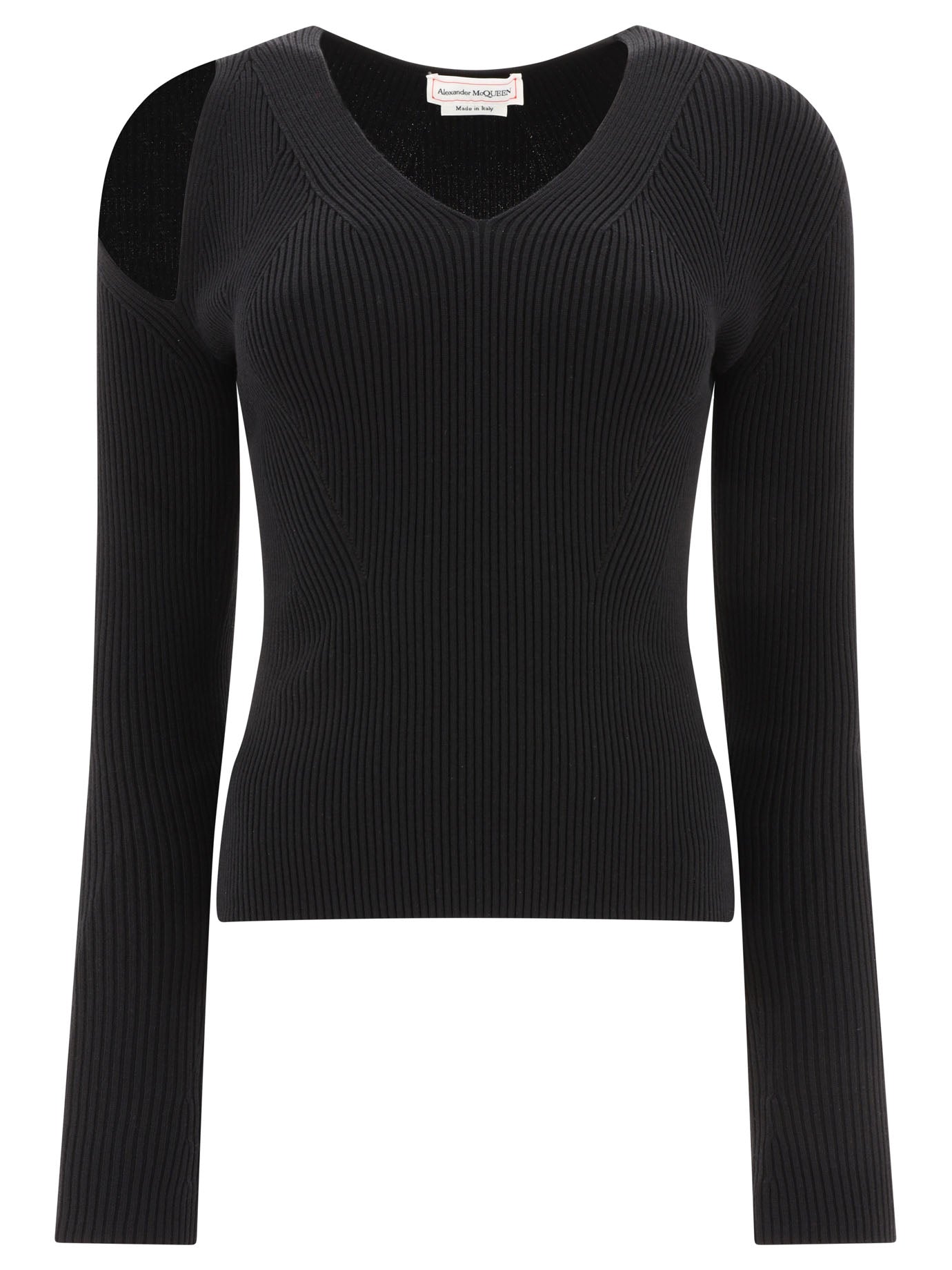 Alexander Mcqueen-Ribbed-Knit Sweater With Cut-Out Details Knitwear Nero-Donna