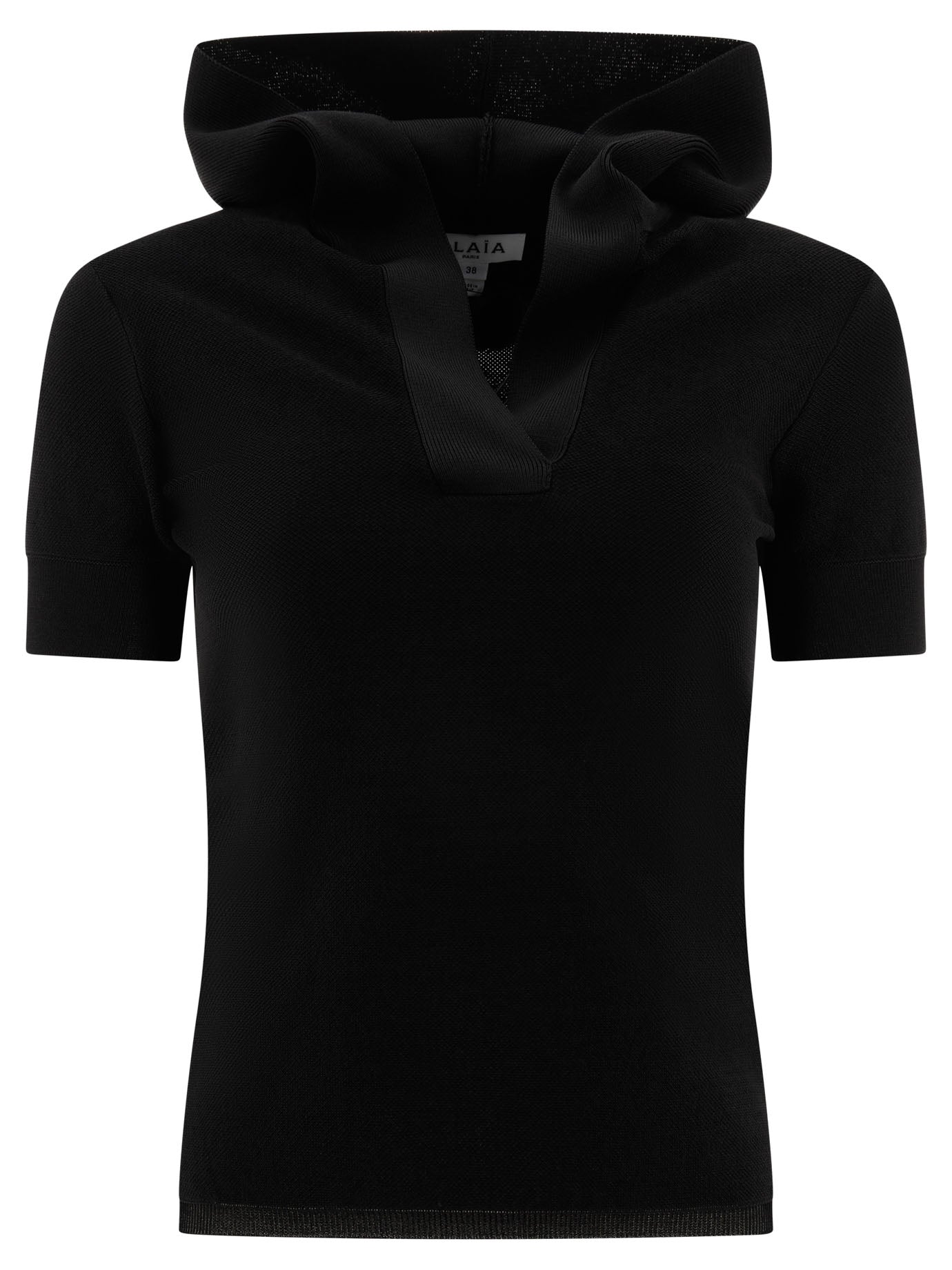 AlaïA-Pique Knit Hooded Top T-Shirts Nero-Donna