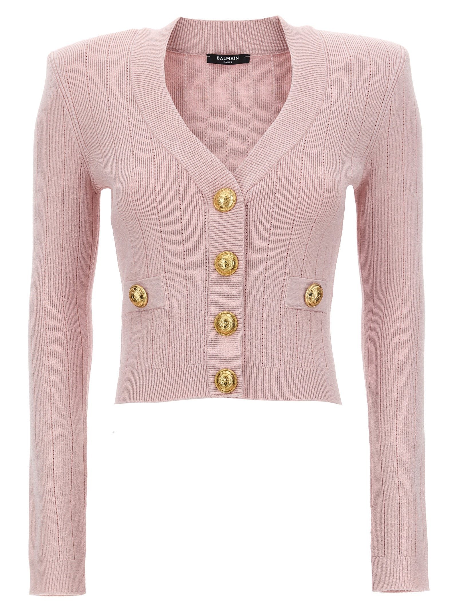 Balmain-Logo Button Cropped Cardigan Maglioni Rosa-Donna