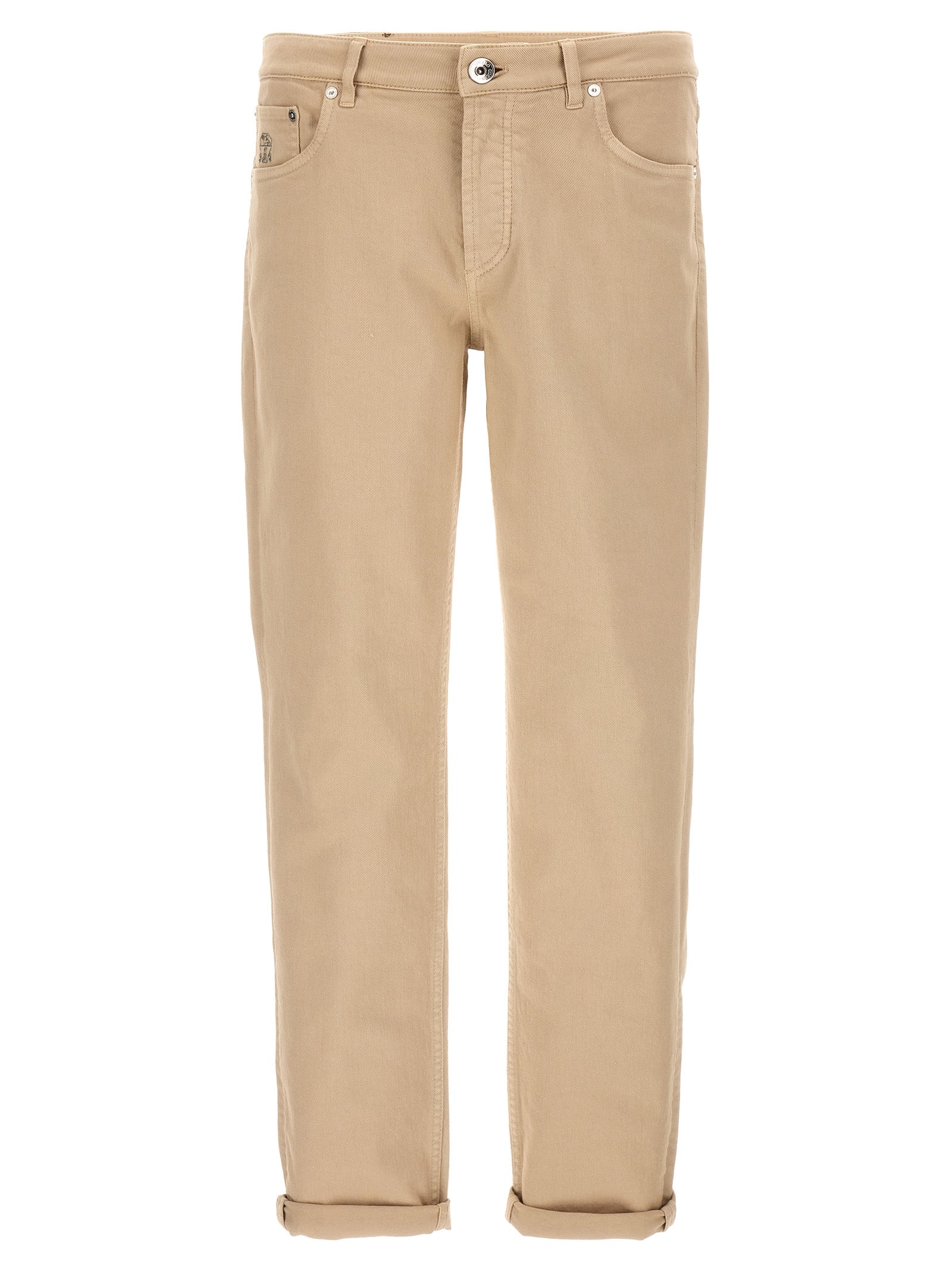 Brunello Cucinelli-Logo Embroidery Jeans Beige-Uomo