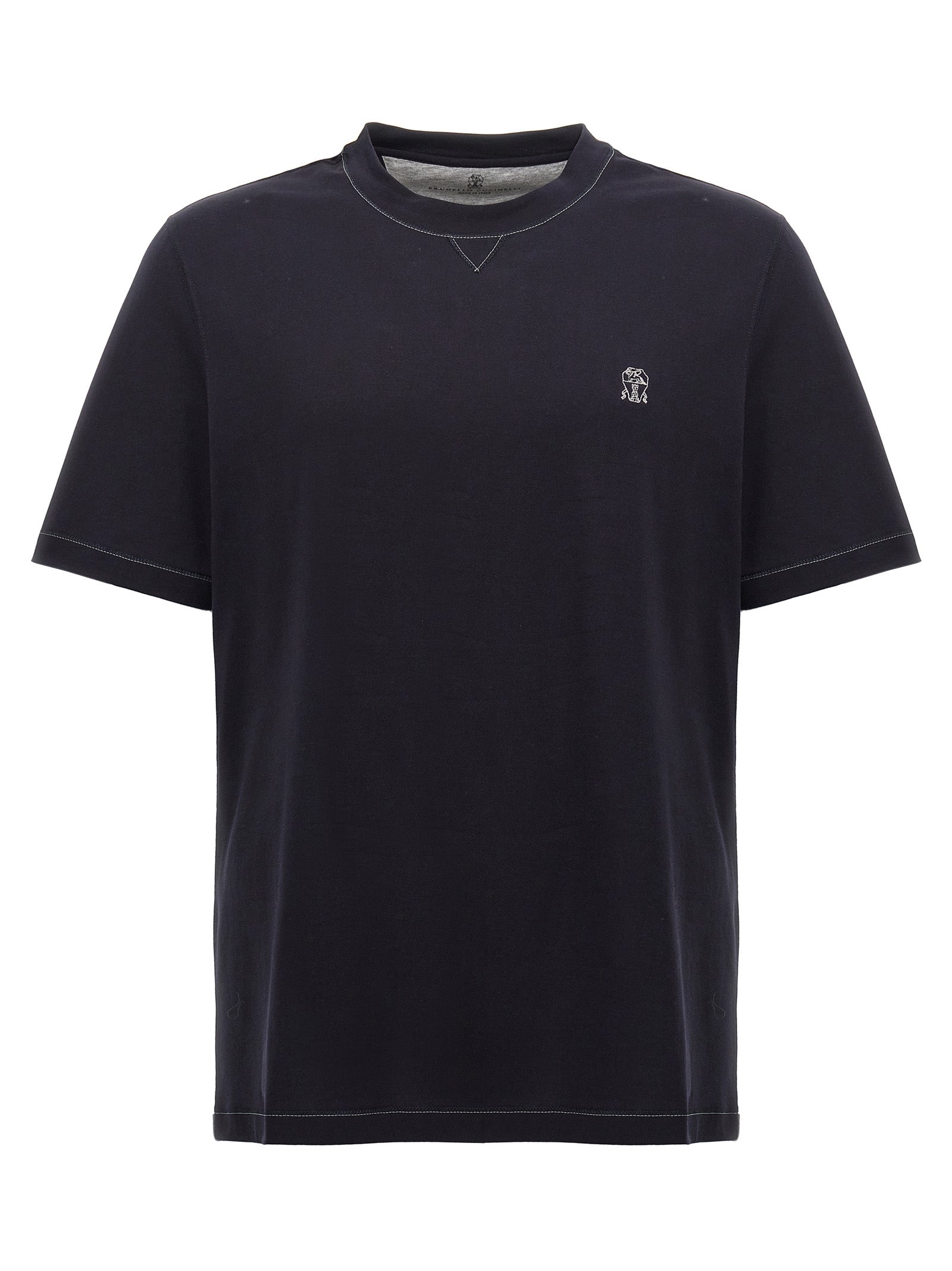 Brunello Cucinelli-Logo Embroidery T Shirt Blu-Uomo