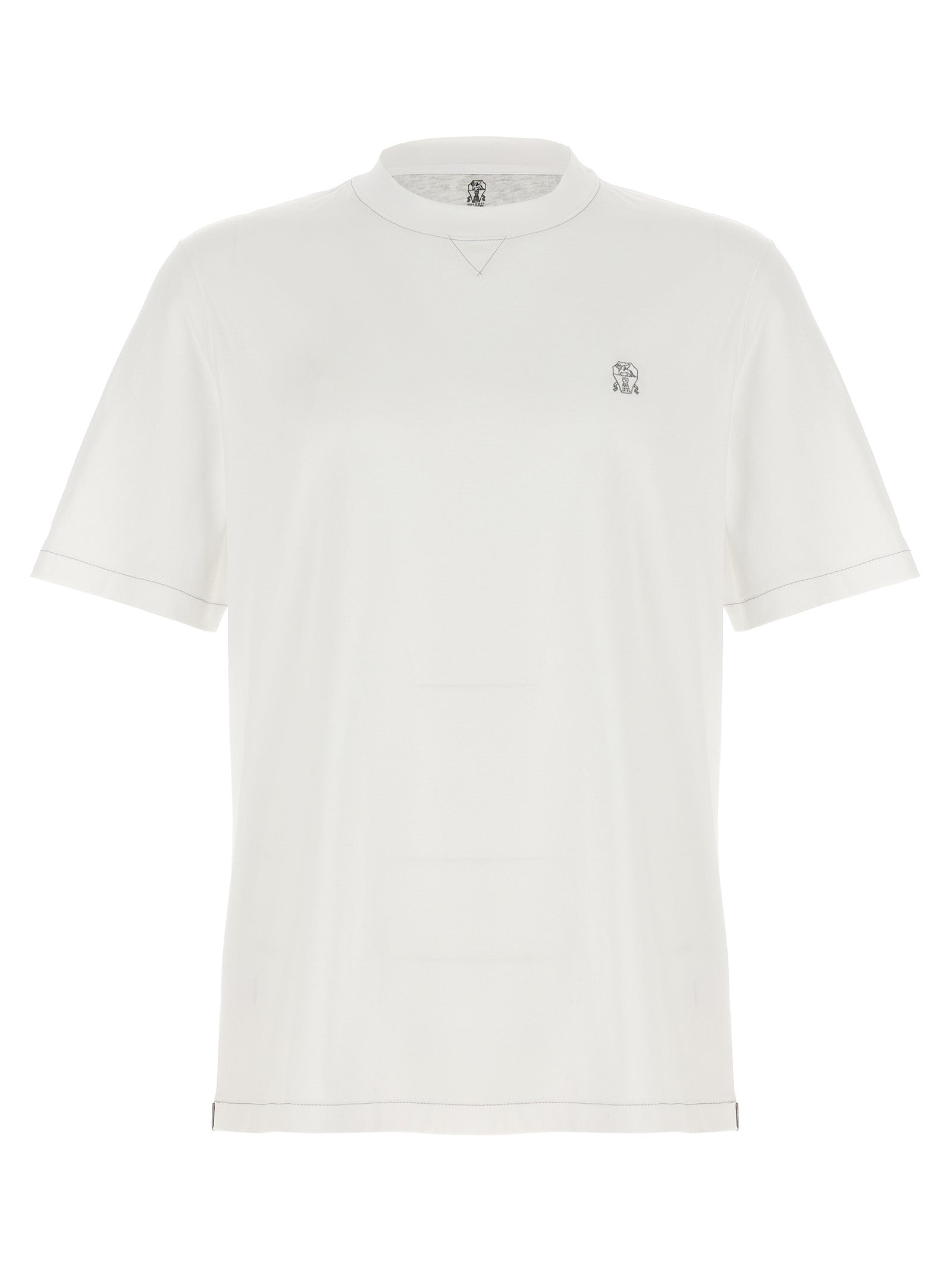 Brunello Cucinelli-Logo Embroidery T Shirt Bianco-Uomo