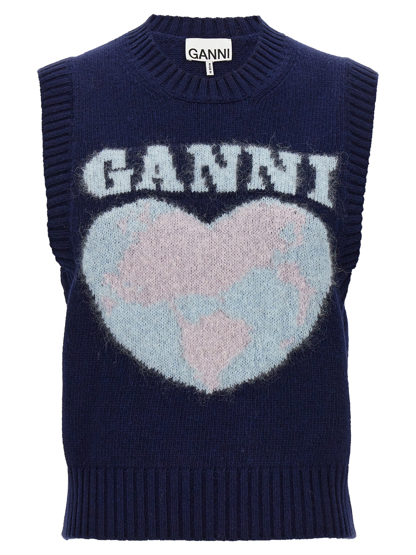 Ganni-Logo Intarsia Vest Gilet Blu-Donna