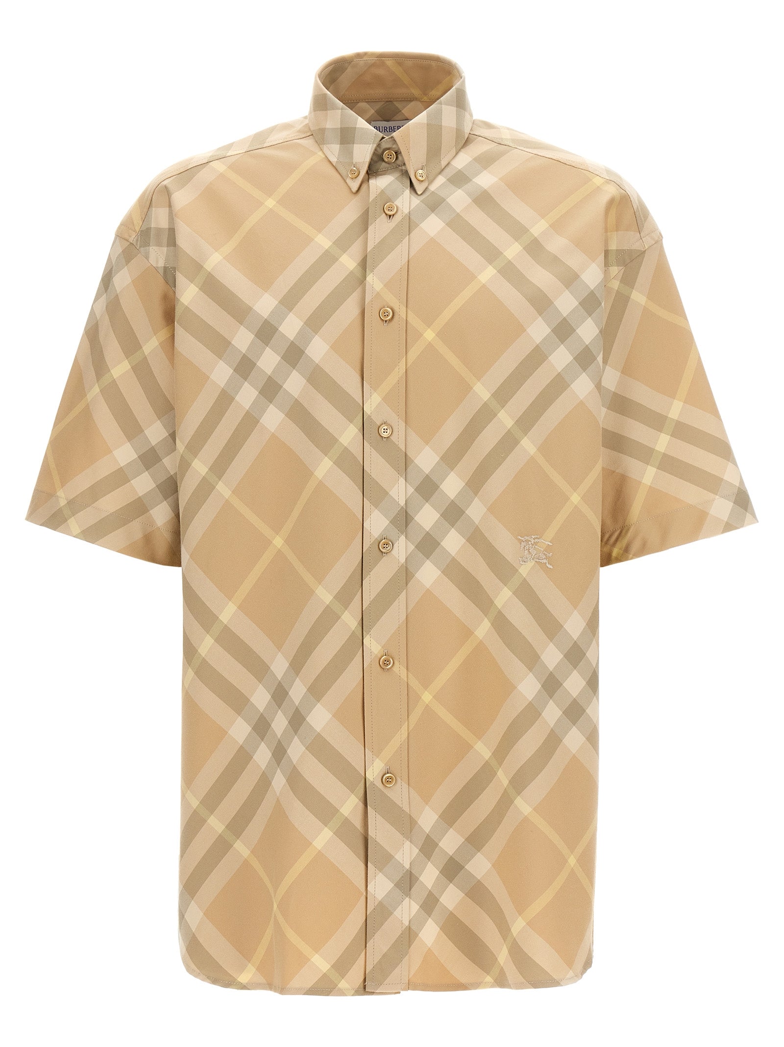 Burberry-Check Shirt With Logo Embroidery Camicie Beige-Uomo