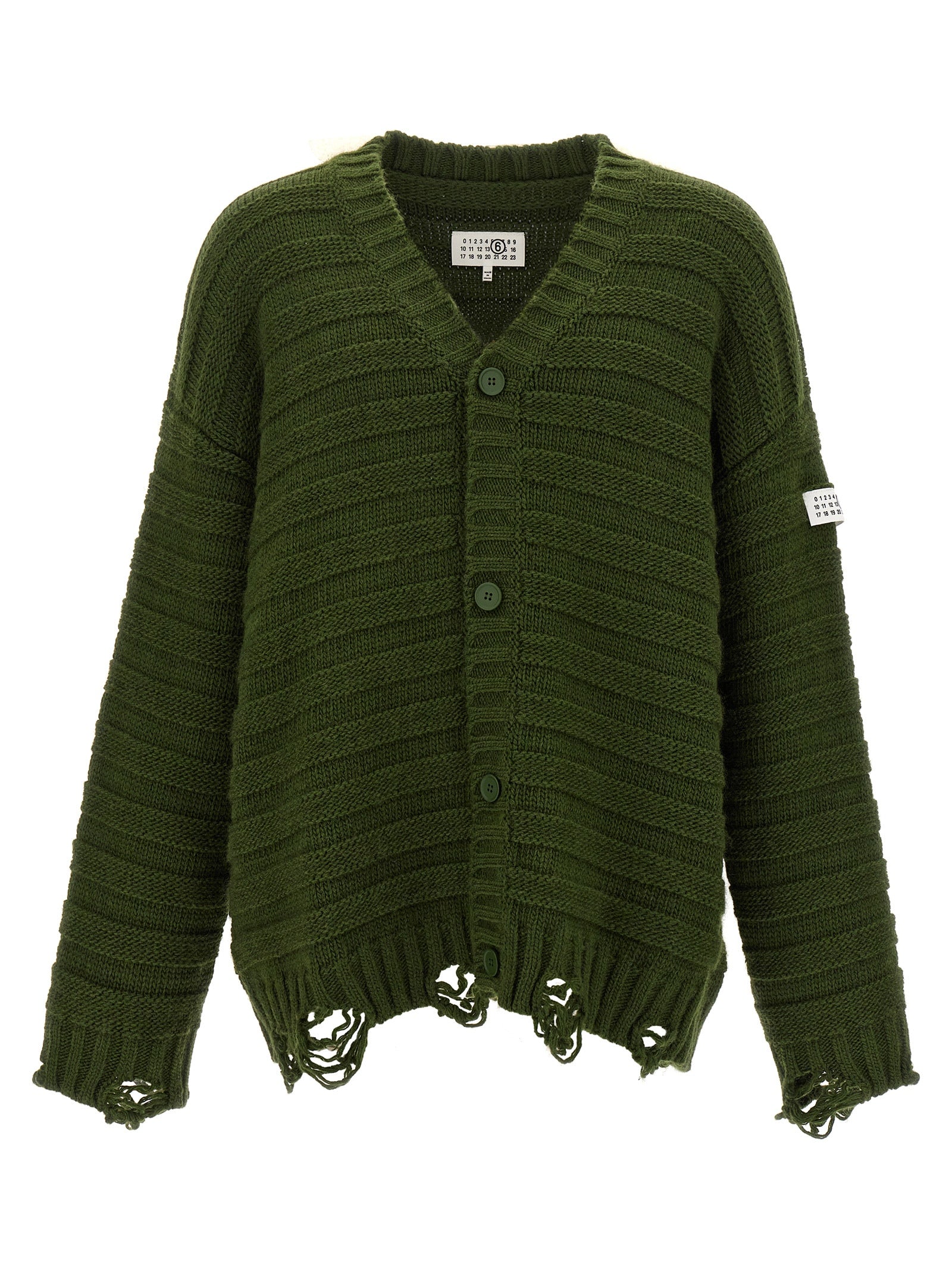 Mm6 Maison Margiela-Destroyed Ribbed Cardigan Maglioni Verde-Uomo