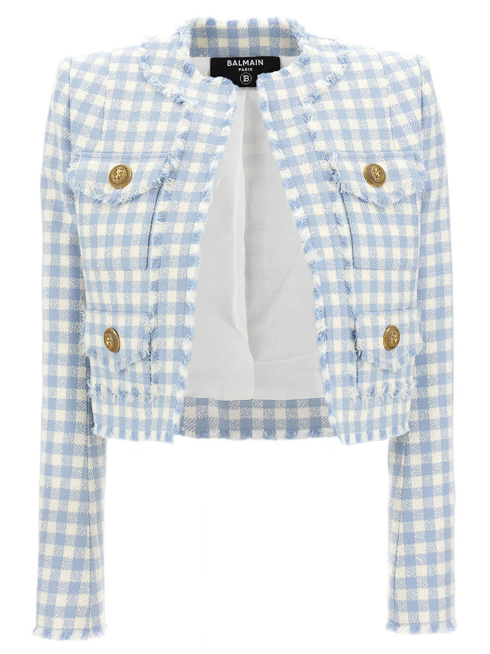 Balmain-Vichy Tweed Short Jacket Blazer And Suits Celeste-Donna