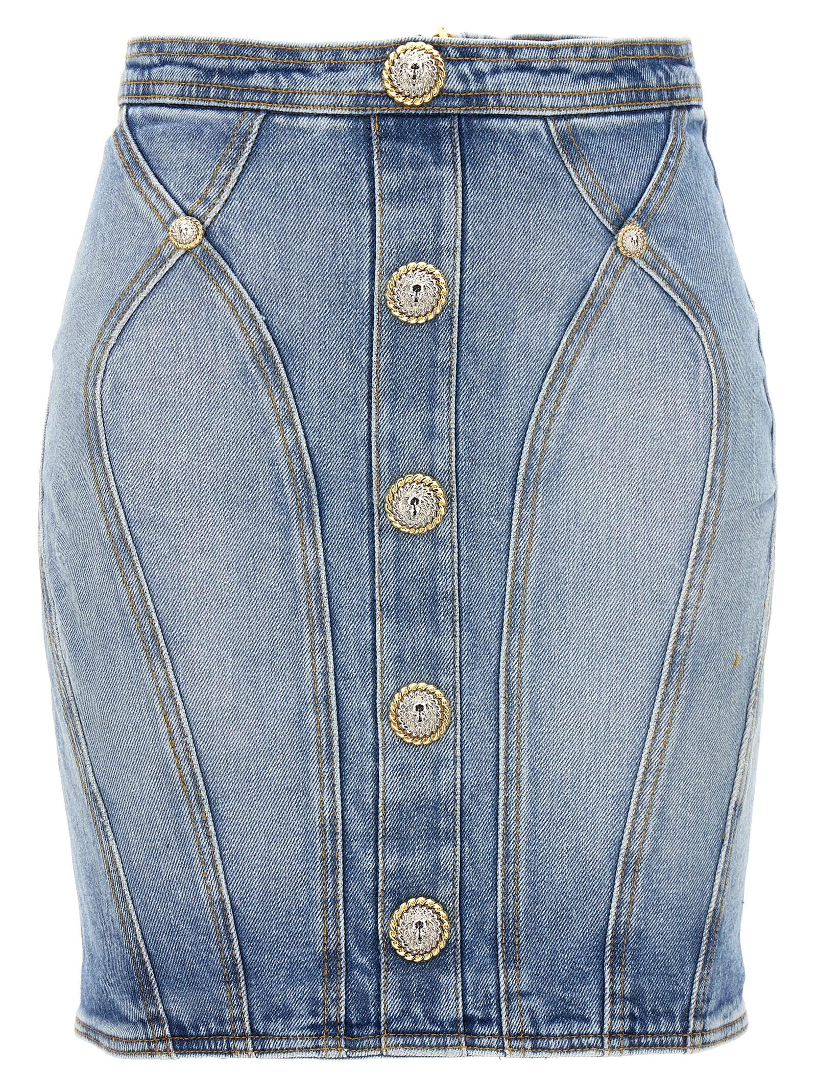 Balmain-Button Denim Skirt Gonne Celeste-Donna