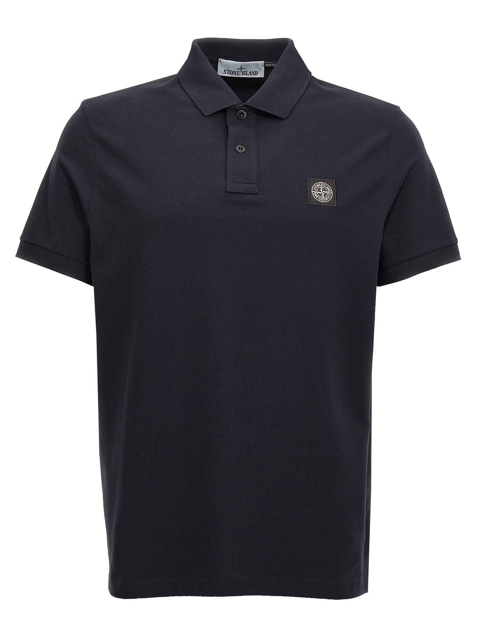 Stone Island-Logo Patch Shirt Polo Blu-Uomo