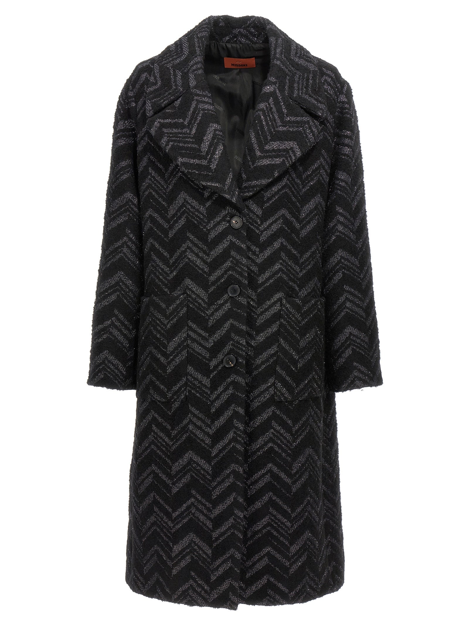 Missoni-Single-Breasted Chevron Lamé Coat Trench E Impermeabili Nero-Donna