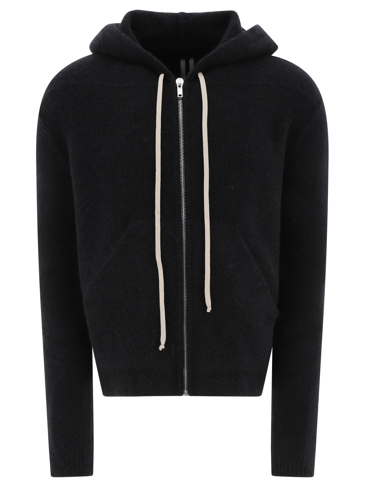 Rick Owens-Sweater With Hoodie And Zipper Knitwear Nero-Uomo