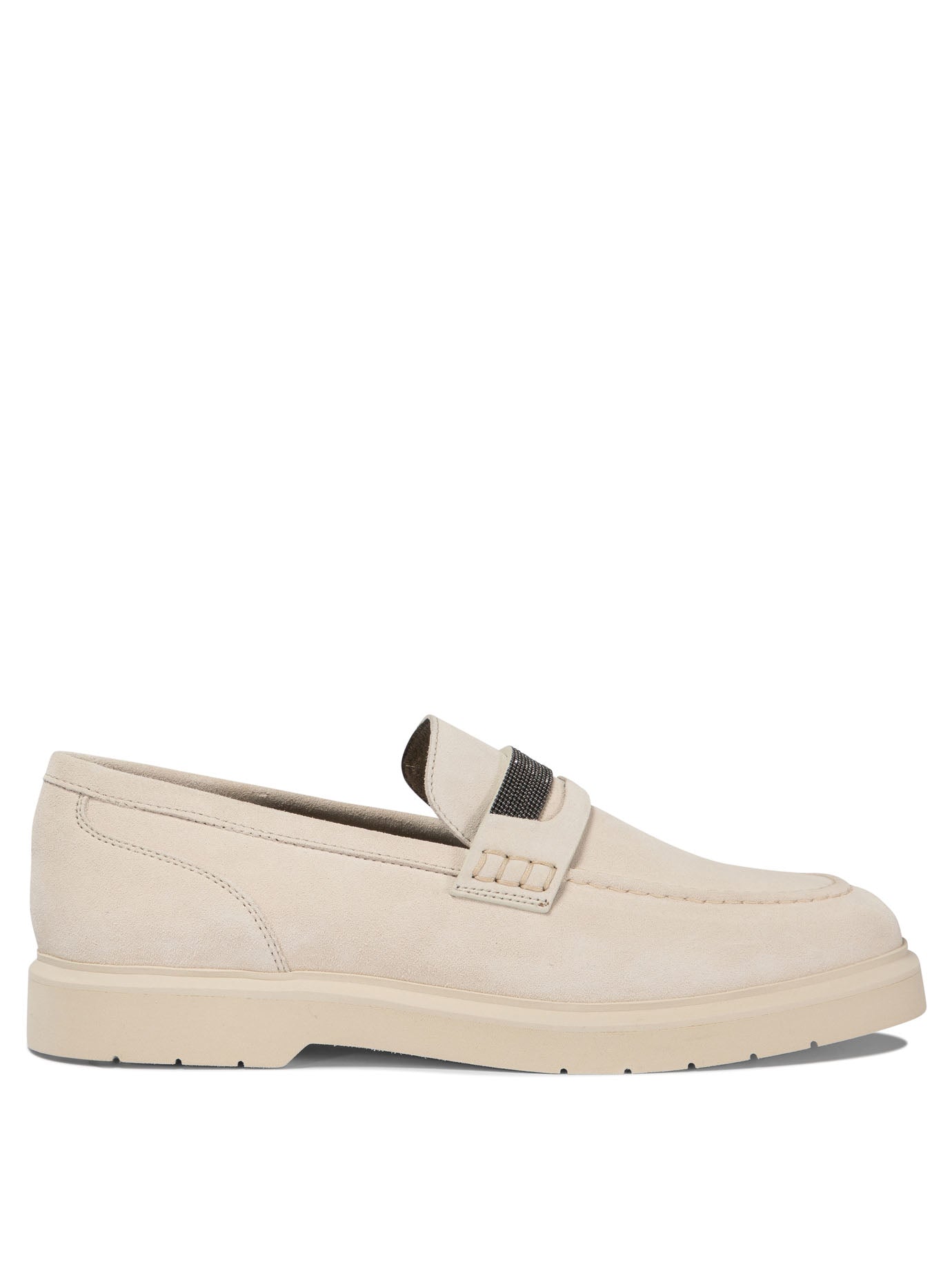 Brunello Cucinelli-Suede Penny Loafer With Monili Loafers & Slippers Beige-Donna