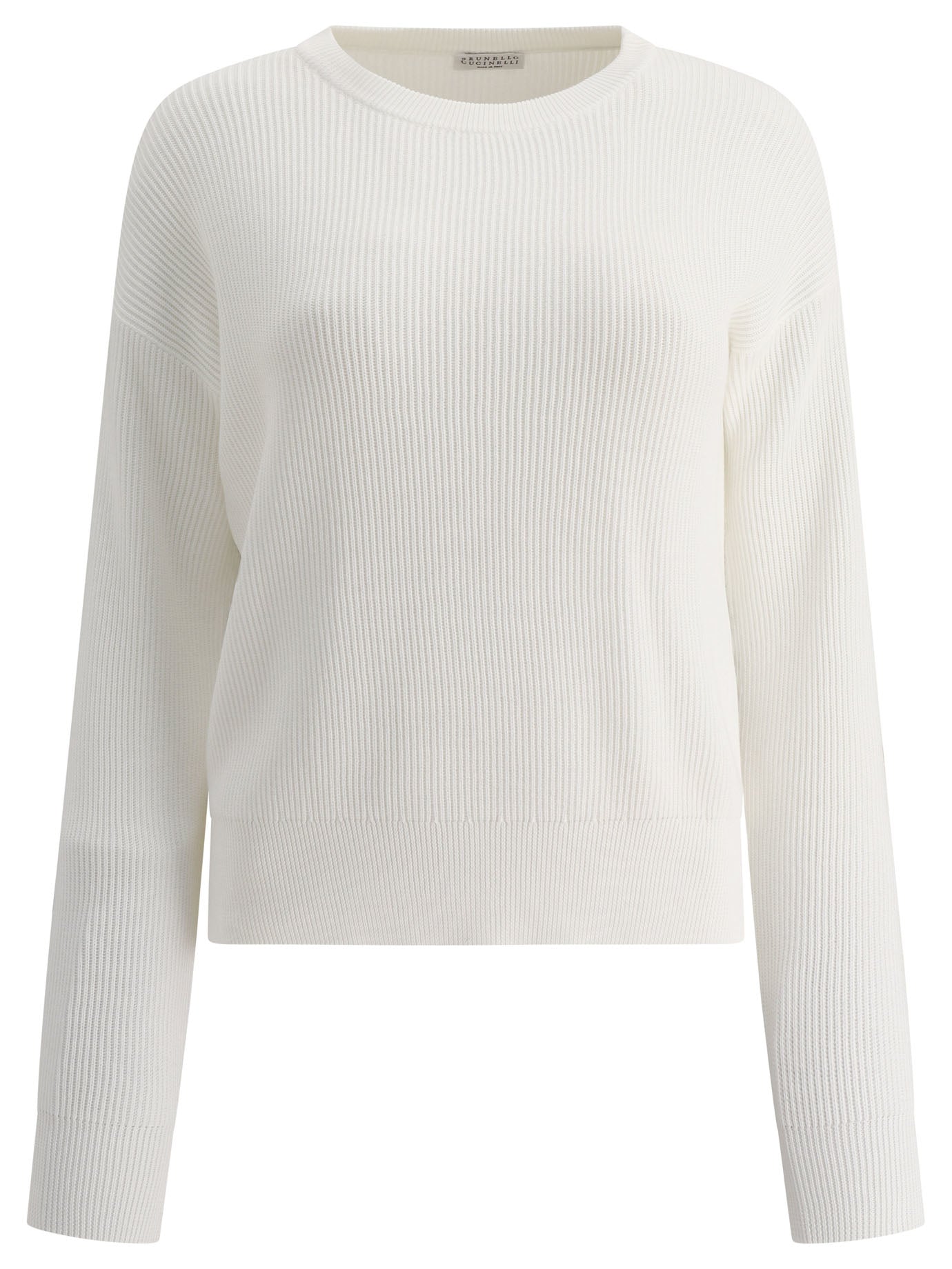 Brunello Cucinelli-English Rib Cotton Sweater Knitwear Bianco-Donna