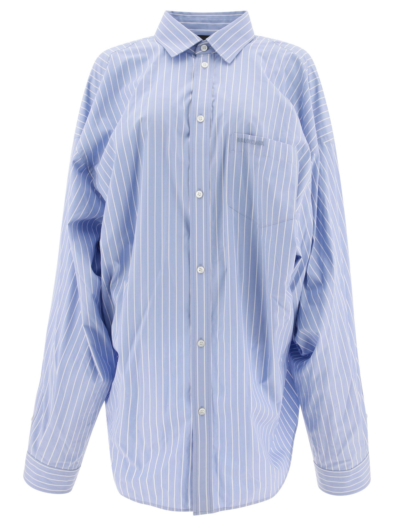 Balenciaga-Striped Shirt With Embroidered Logo Shirts Celeste-Donna