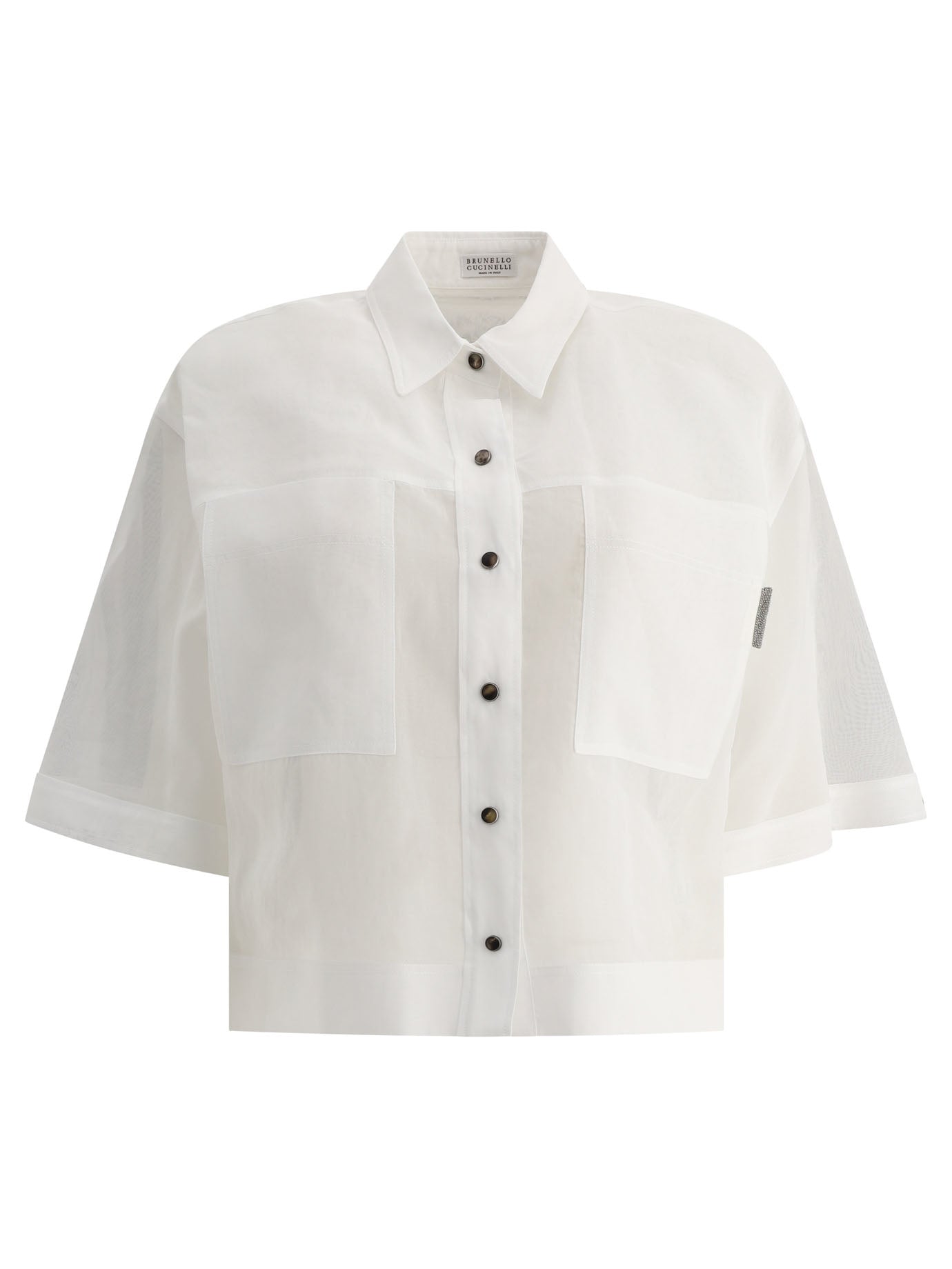 Brunello Cucinelli-Cotton Organza Shirt With Shiny Tab Shirts Bianco-Donna