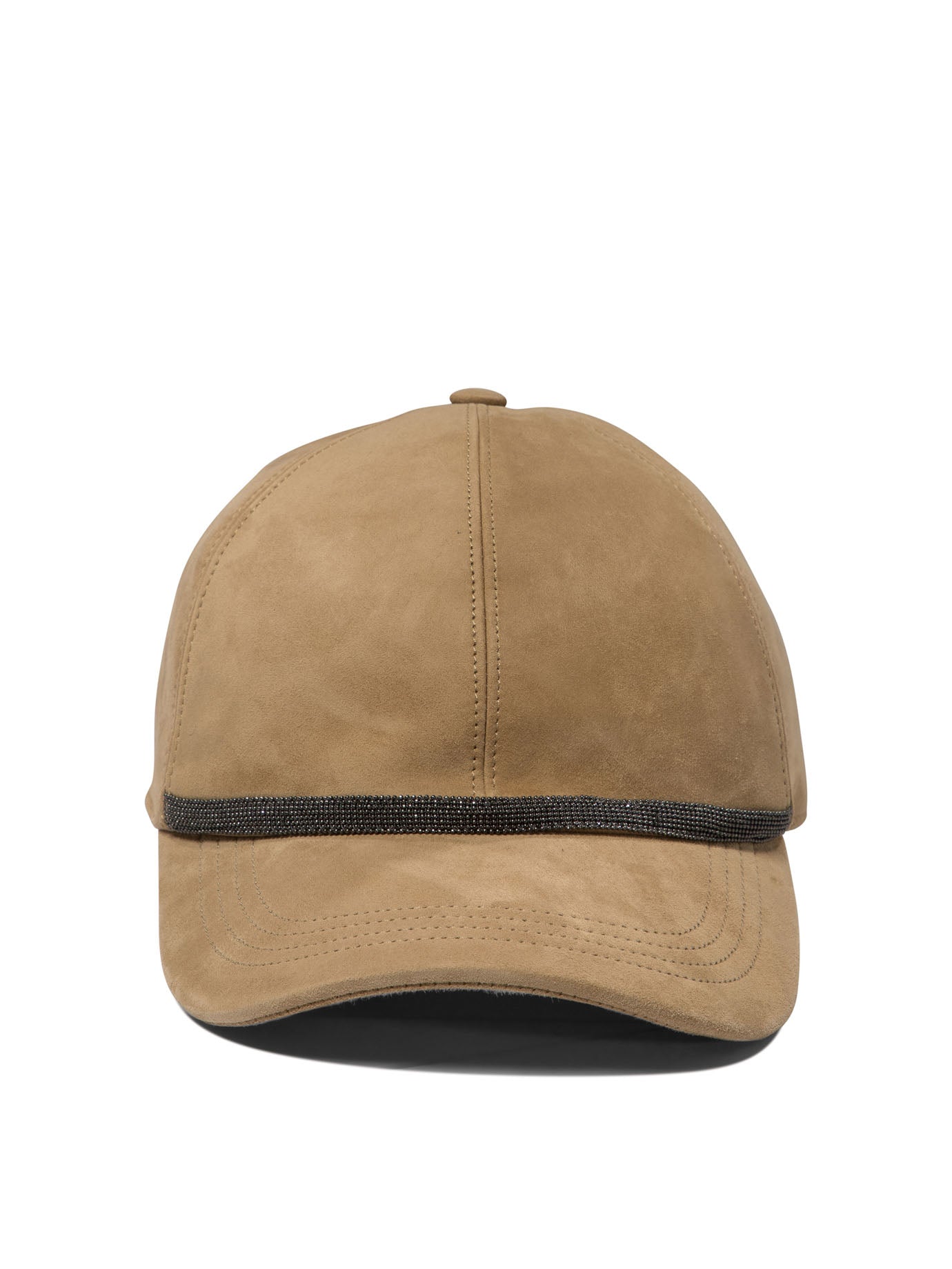 Brunello Cucinelli-Suede Baseball Cap With Shiny Trim Cappelli Beige-Donna