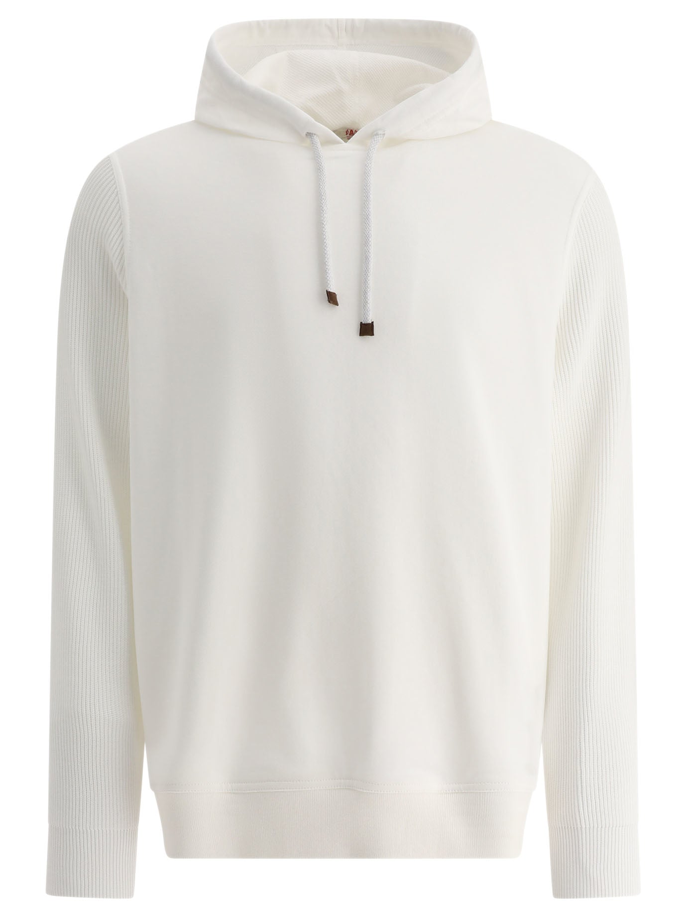 Brunello Cucinelli-Hooded Sweatshirt With Cotton Rib Knit Sleeves Sweatshirts Bianco-Uomo