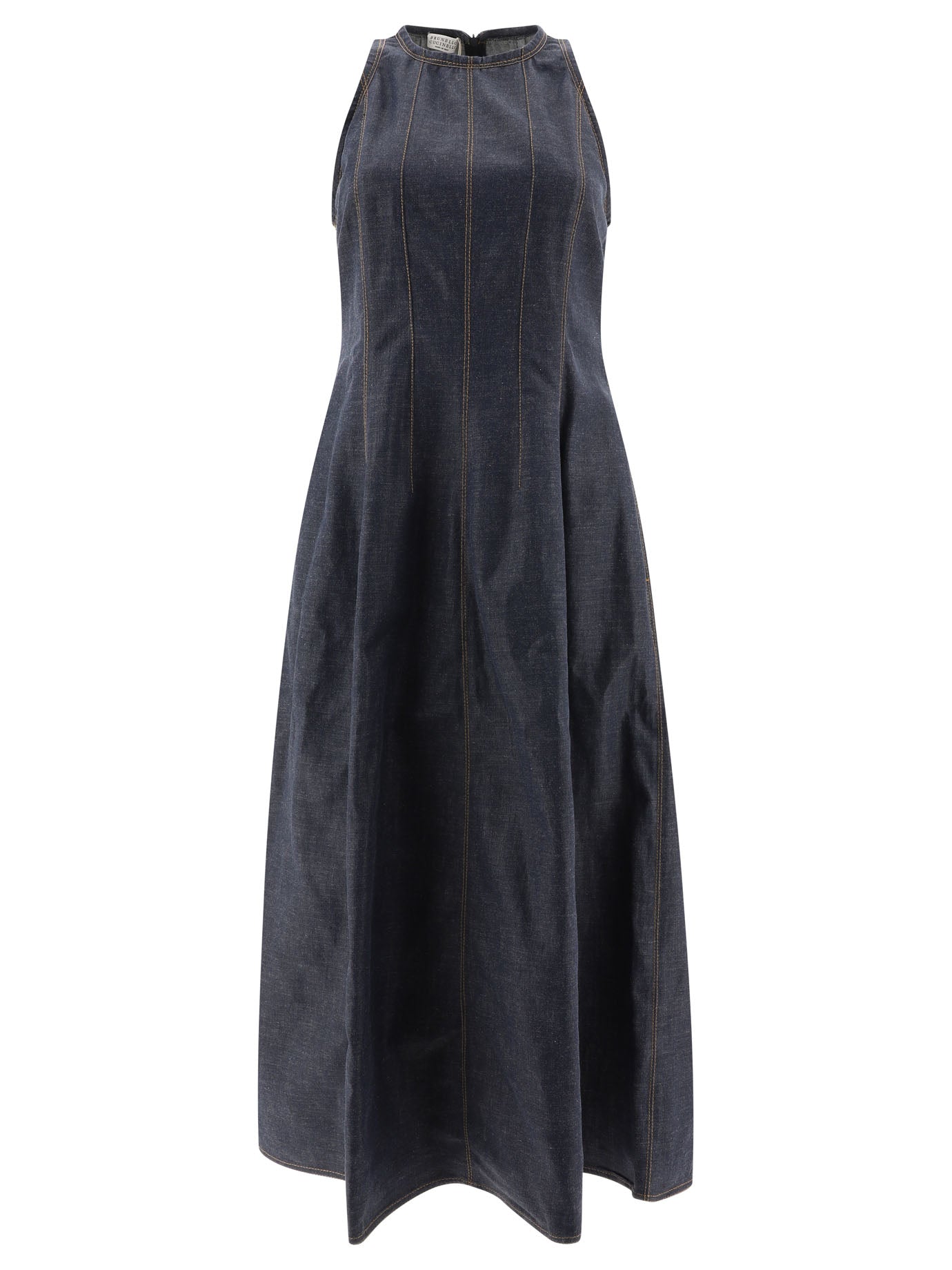 Brunello Cucinelli-Wet-Effect Denim Dress With Shiny Trims Abiti Blu-Donna