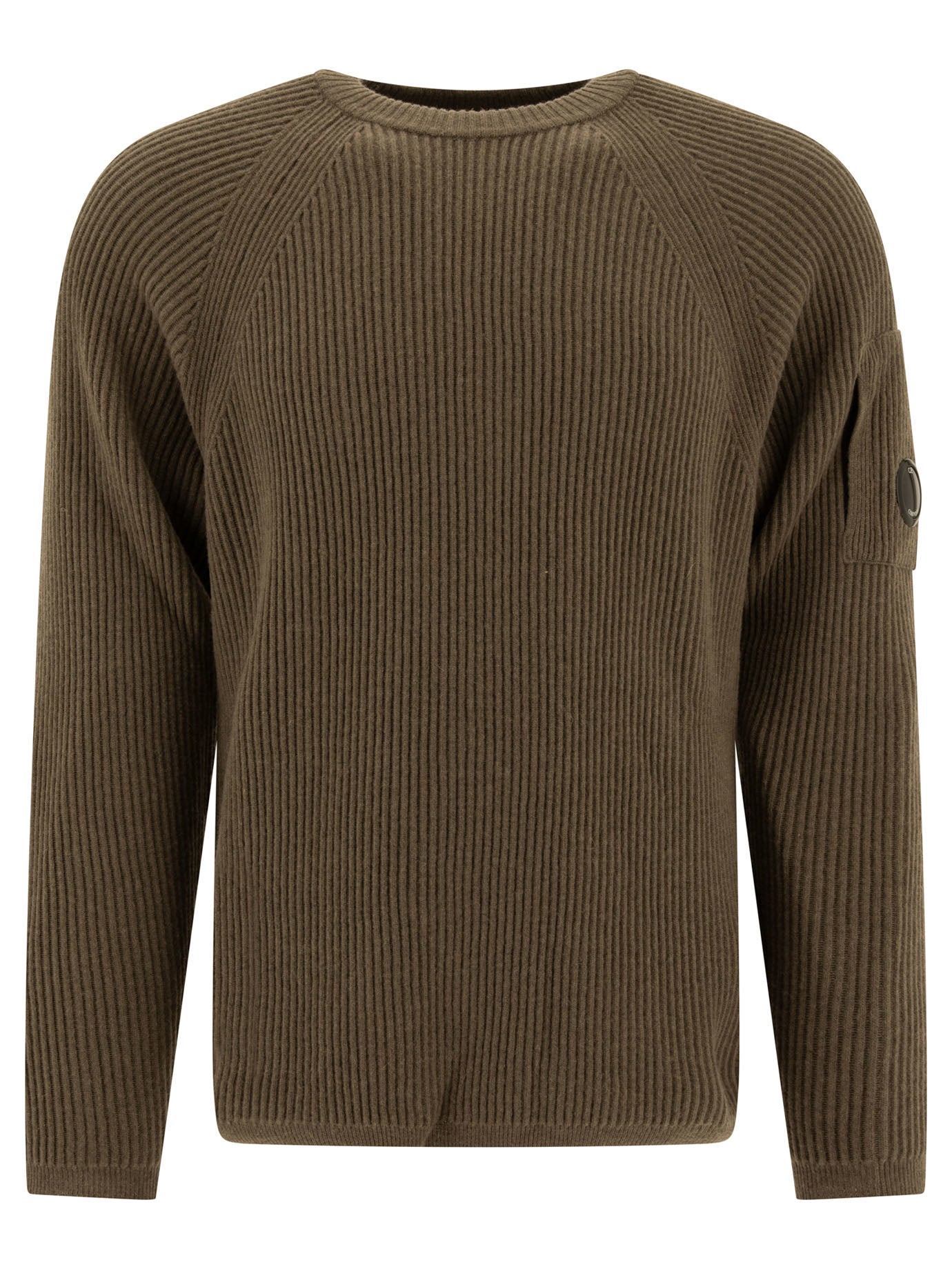 C. P. Company-Lens-Detail Ribbed Sweater Knitwear Marrone-Uomo