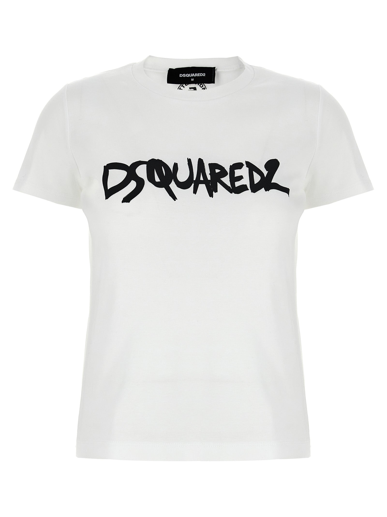 Dsquared2-Logo Print T Shirt Bianco/Nero-Donna