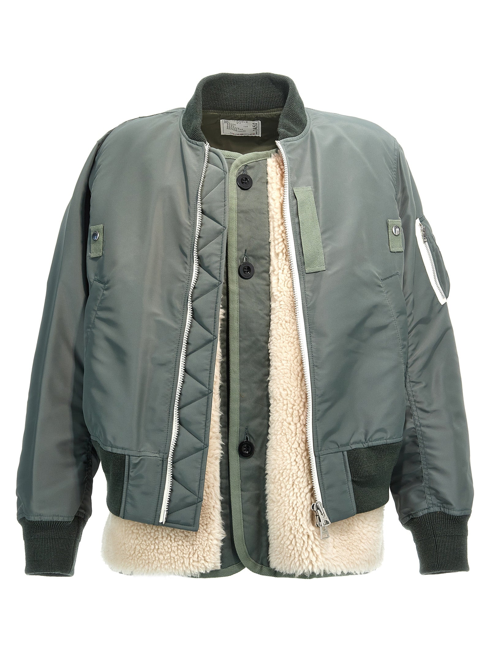 Sacai-Shearling Insert Nylon Bomber Jacket Giacche Verde-Uomo