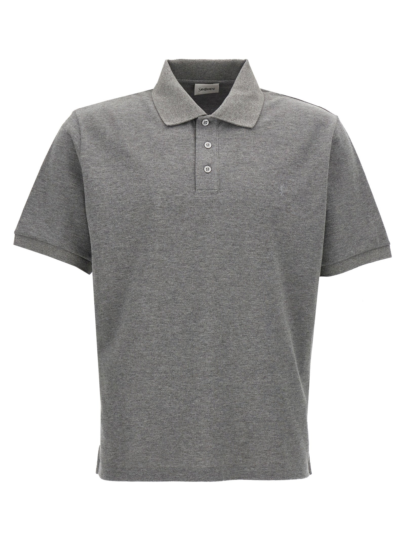 Saint Laurent-Logo Embroidery Shirt Polo Grigio-Uomo