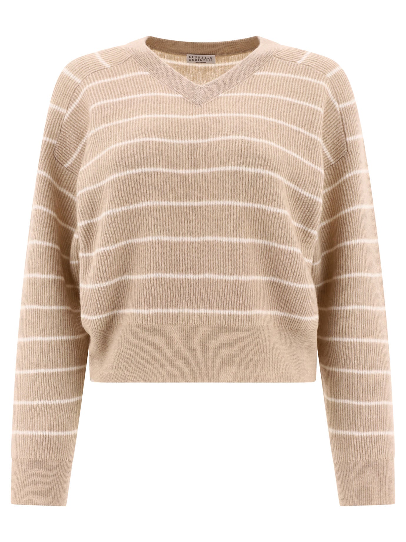 Brunello Cucinelli-Striped English Rib Sweater With Monili Knitwear Beige-Donna