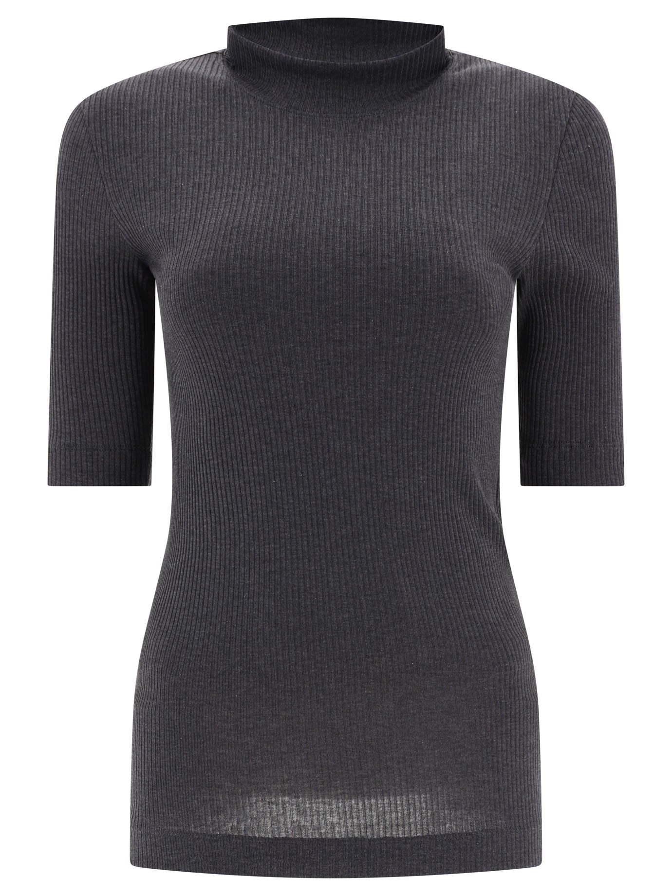 Brunello Cucinelli-Ribbed T-Shirt With Monili T-Shirts Grey-Donna