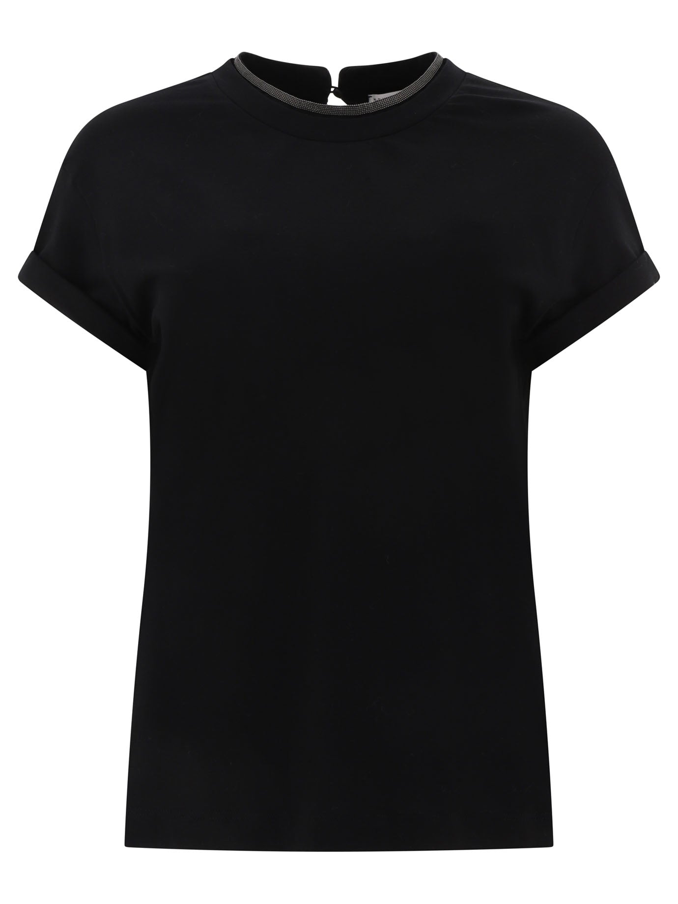 Brunello Cucinelli-Precious Collar T-Shirts Nero-Donna