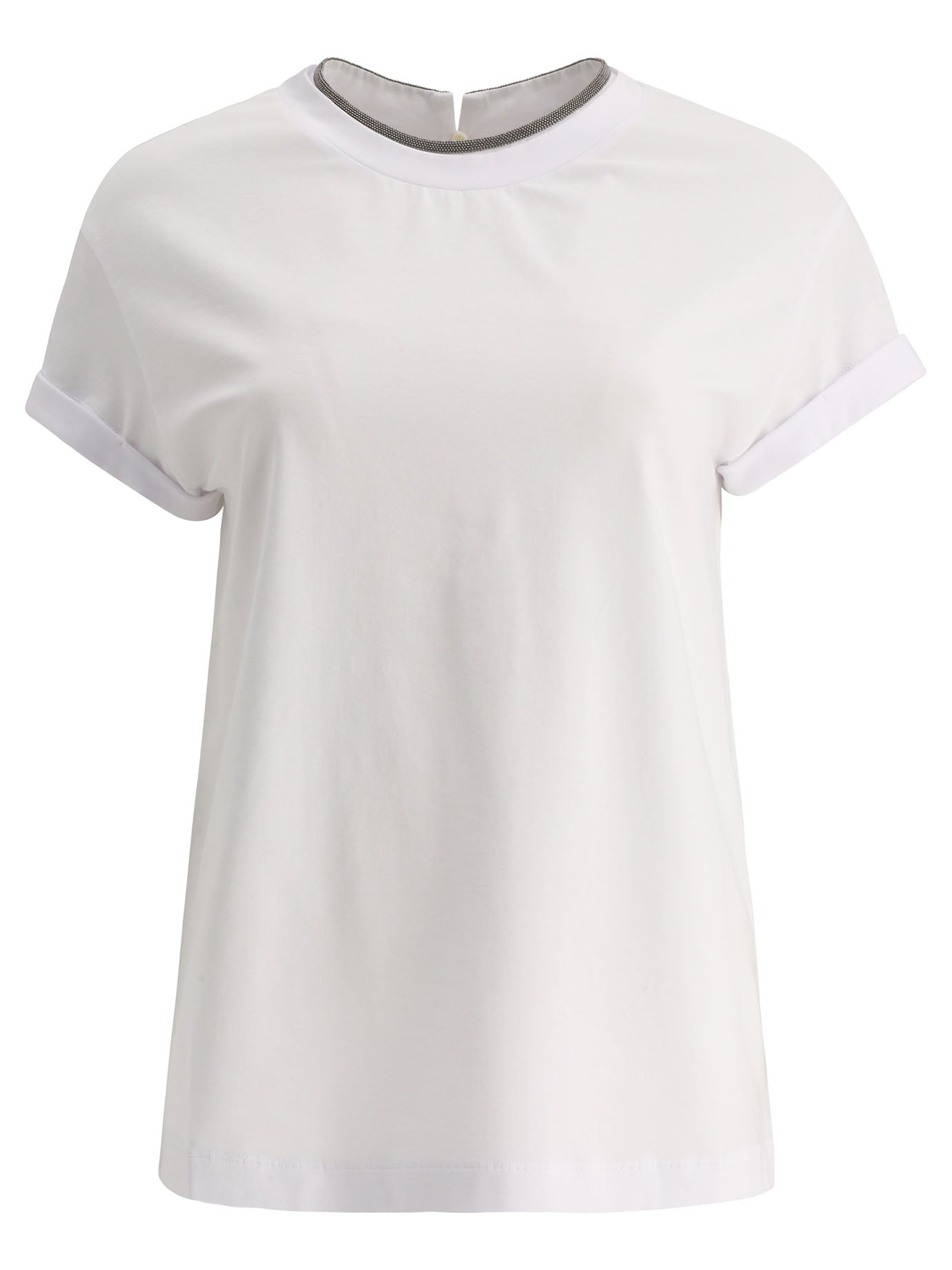 Brunello Cucinelli-Precious Collar T-Shirts Bianco-Donna