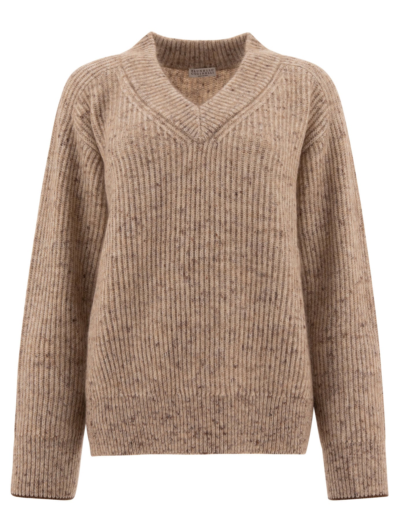 Brunello Cucinelli-English Rib Sweater With Monili Knitwear Beige-Donna