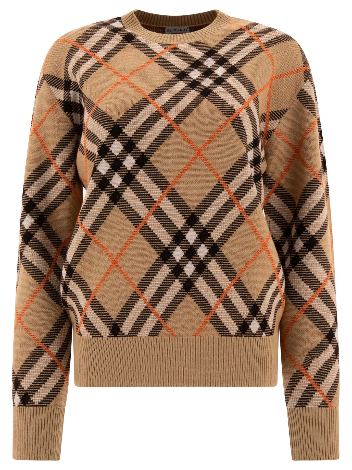 Burberry-Check Wool Blend Sweater Knitwear Beige-Donna