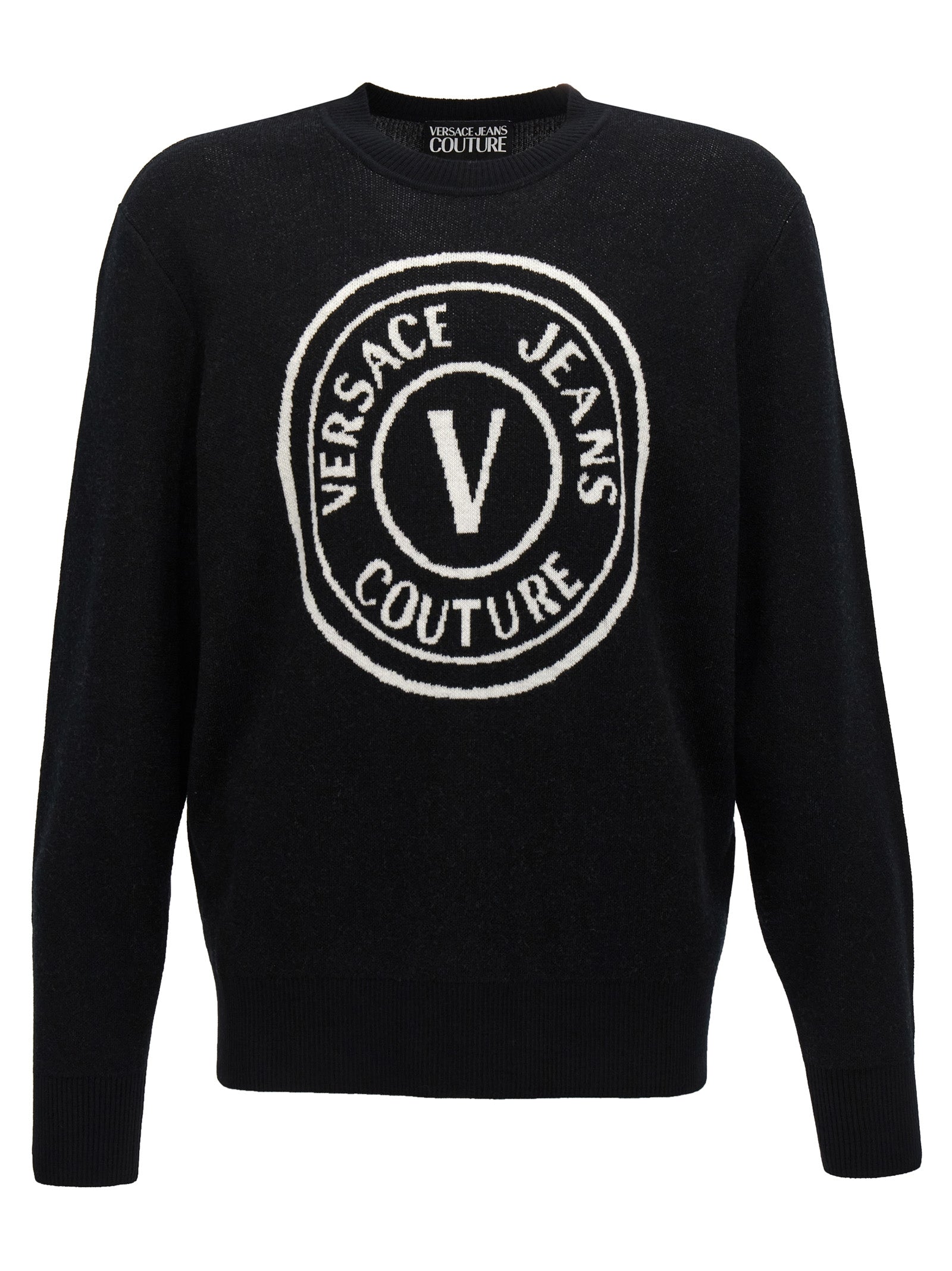 Versace Jeans Couture-Logo Intarsia Sweater Maglioni Bianco/Nero-Uomo