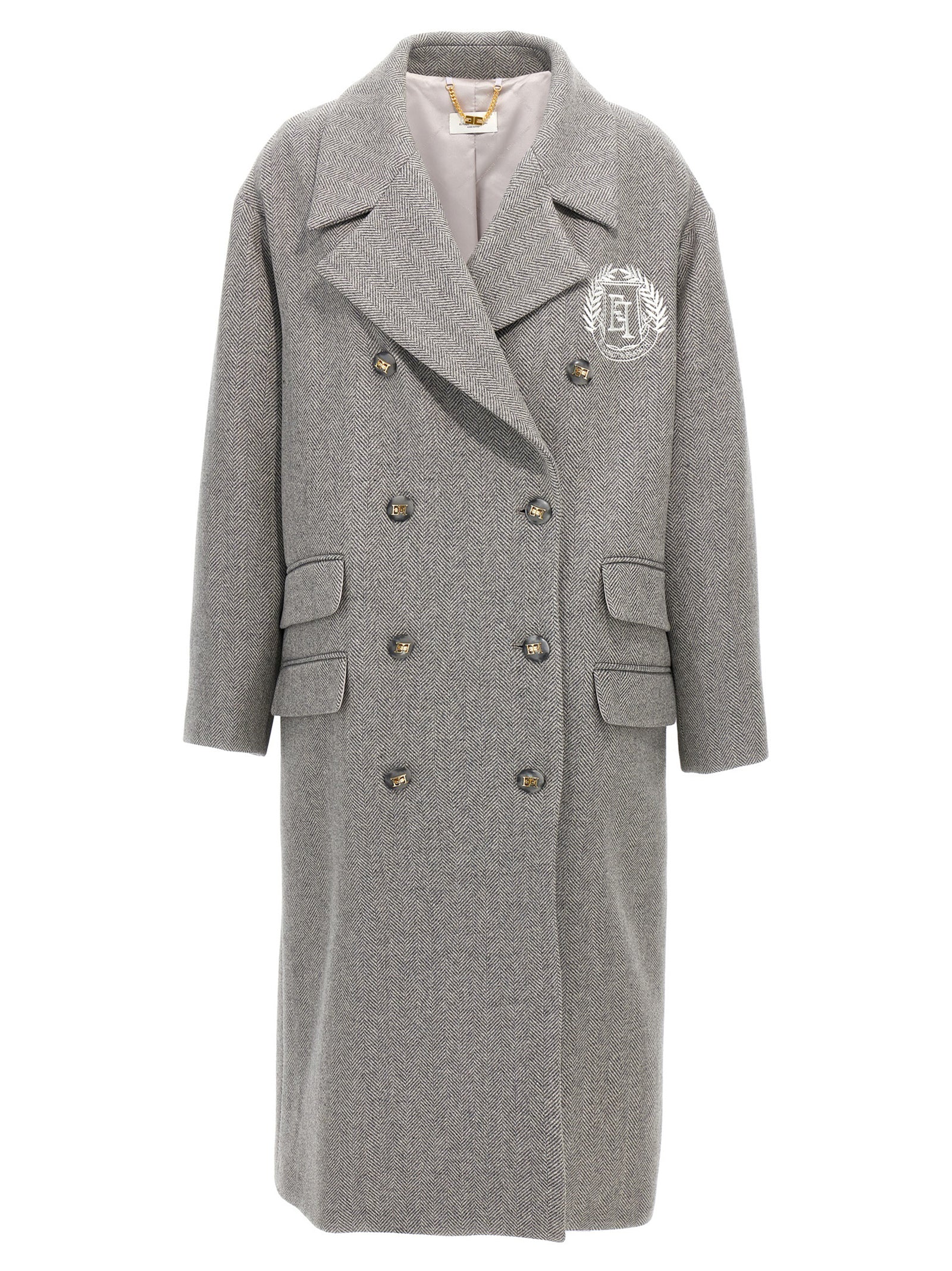 Elisabetta Franchi-Chevron Double-Breasted Coat Trench E Impermeabili Grigio-Donna