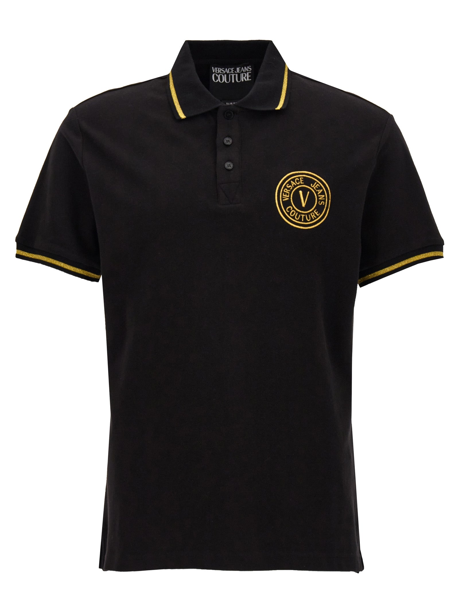 Versace Jeans Couture-Logo Embroidery Shirt Polo Nero-Uomo