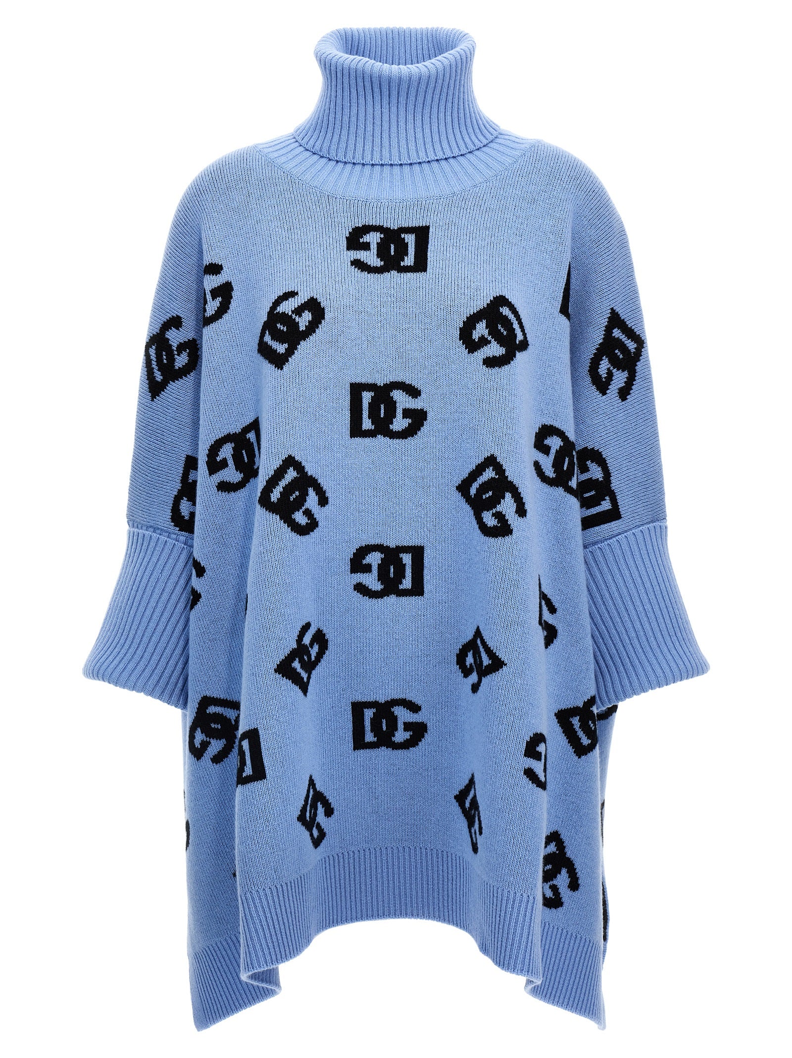 Dolce & Gabbana-Jacquard Logo Poncho Mantelle Celeste-Donna