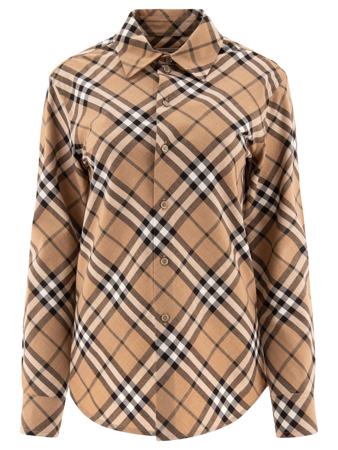 Burberry-Wool Blend Shirt With Check Motif Shirts Beige-Donna