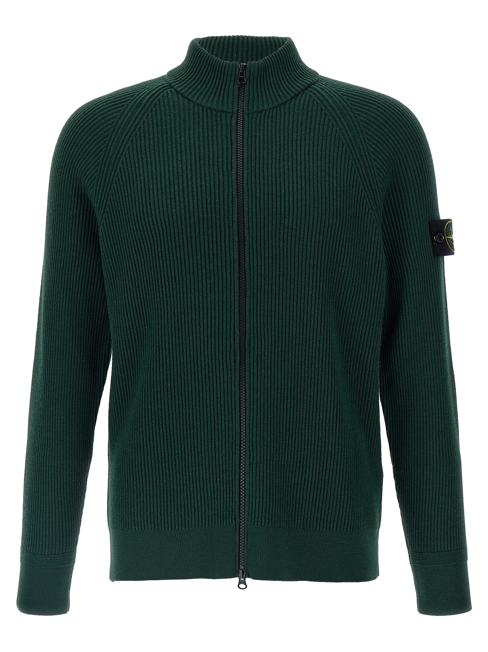 Stone Island-Logo Badge Ribbed Cardigan Maglioni Verde-Uomo