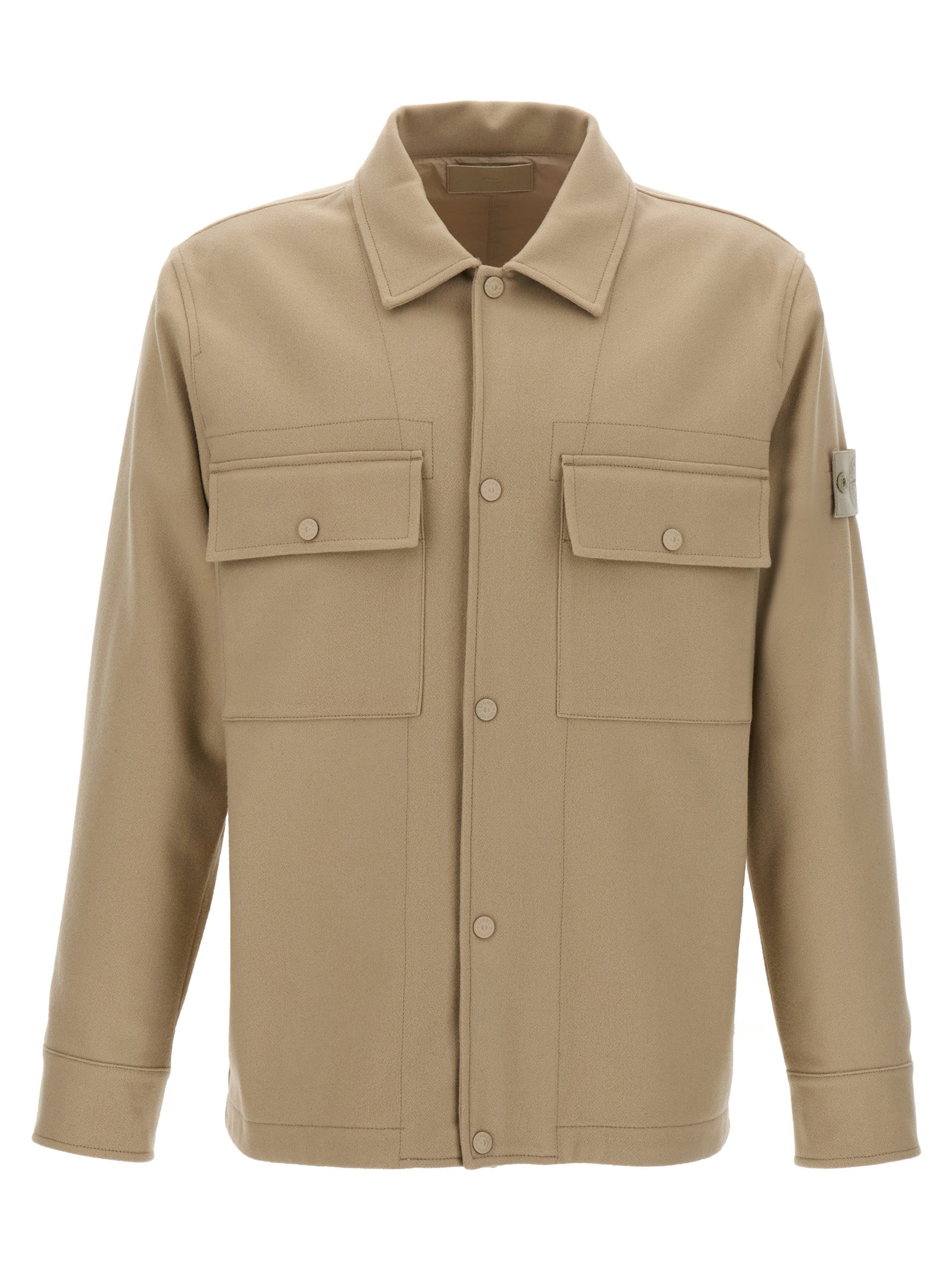 Stone Island-Logo Badge Wool Overshirt Giacche Beige-Uomo