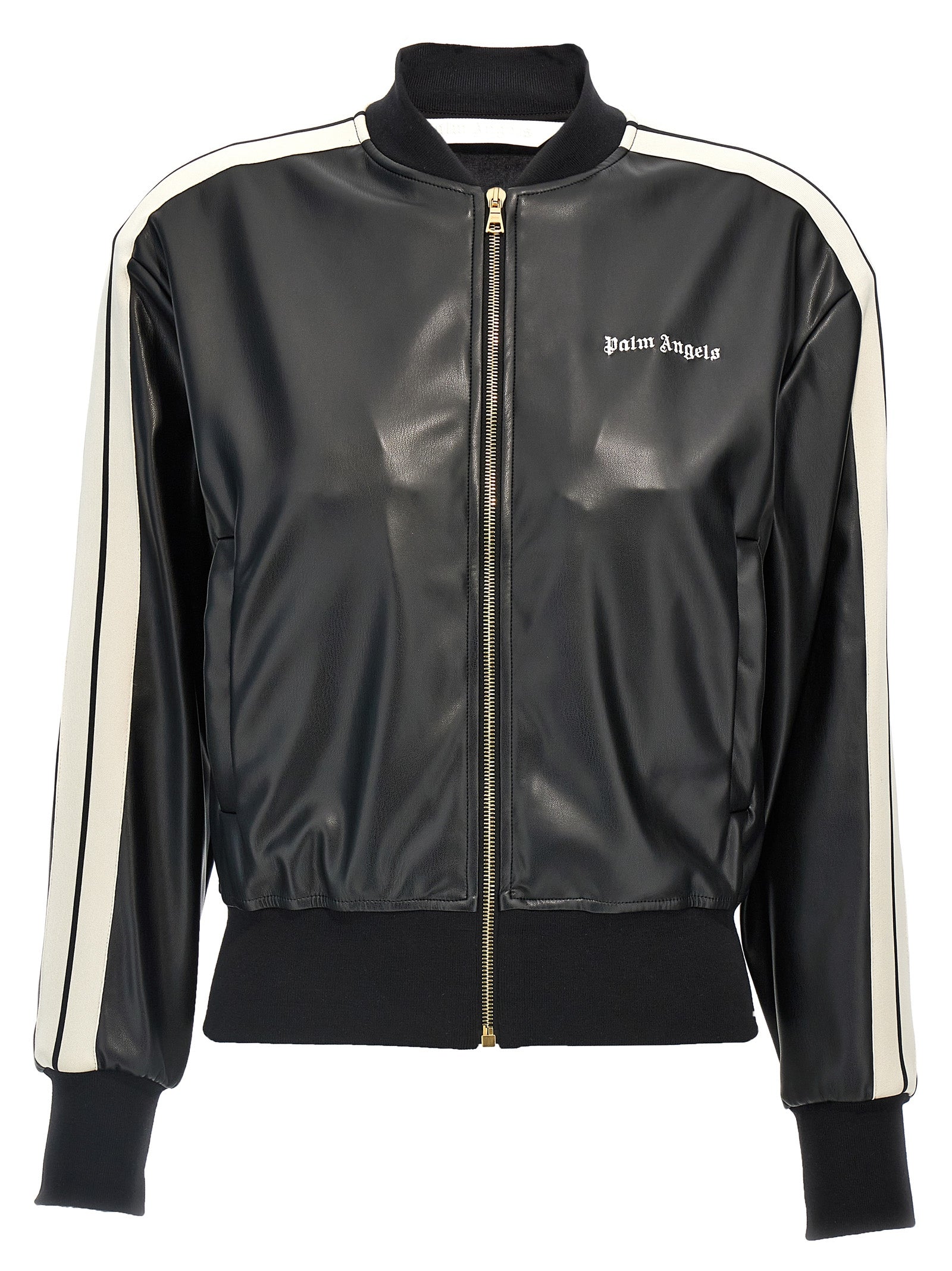 Palm Angels-Leather Effect Track Bomber Felpe Bianco/Nero-Donna