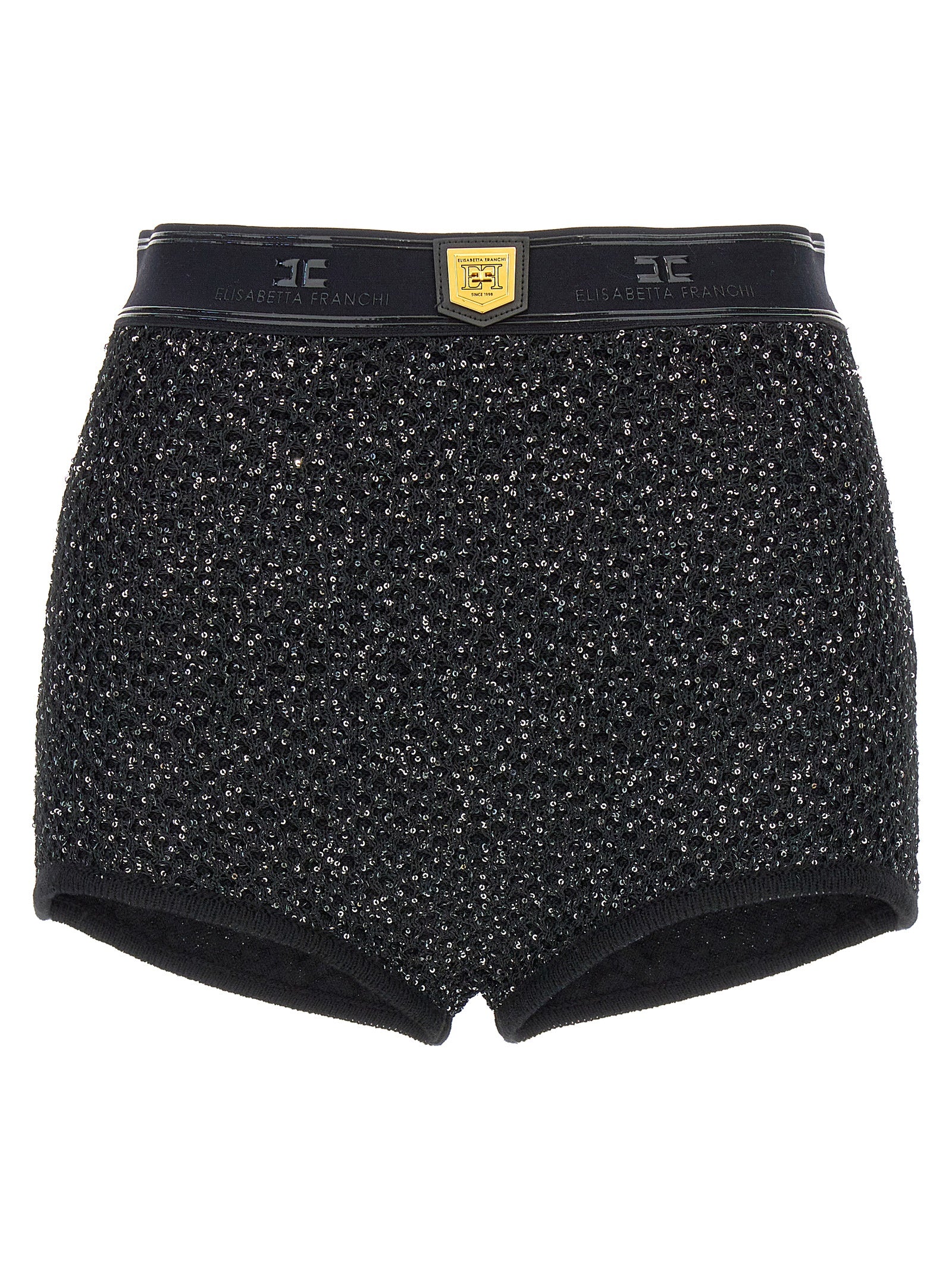 Elisabetta Franchi-Sequined Knit Shorts Bermuda, Short Nero-Donna