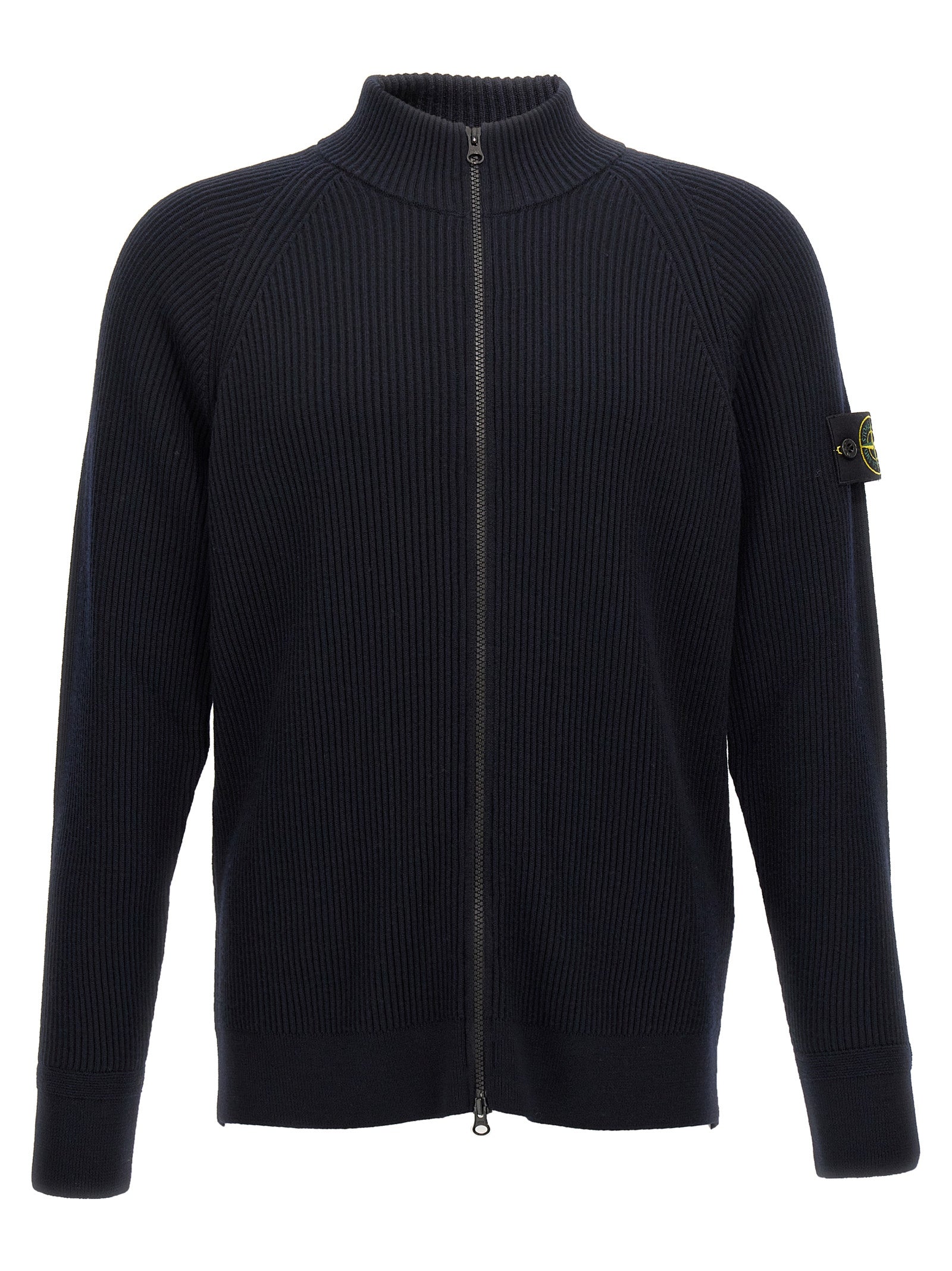 Stone Island-Logo Patch Ribbed Cardigan Maglioni Blu-Uomo