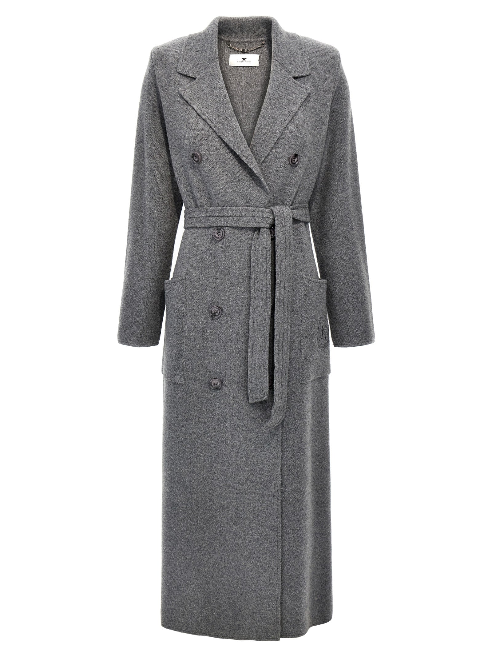 Elisabetta Franchi-Double-Breasted Knit Coat Trench E Impermeabili Grigio-Donna