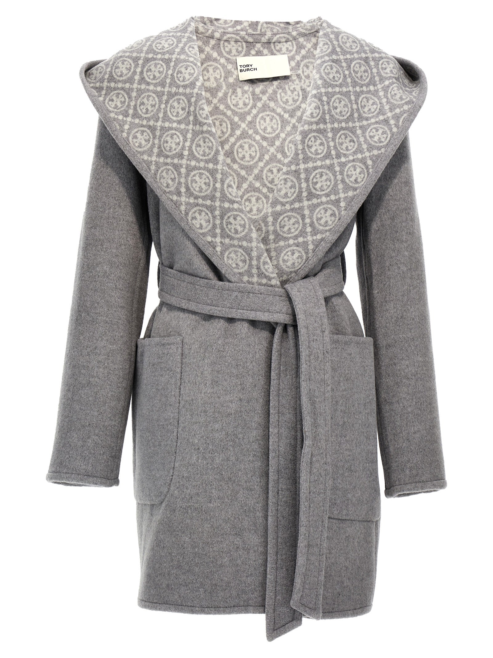 Tory Burch-Wool Hooded Coat Trench E Impermeabili Grigio-Donna