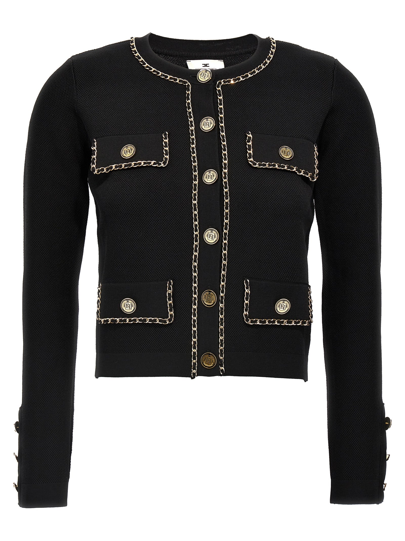 Elisabetta Franchi-Cropped Chain Profile Cardigan Maglioni Nero-Donna