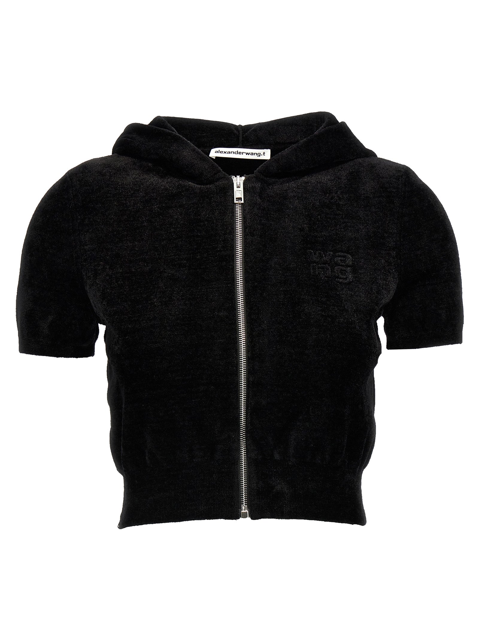 T By Alexander Wang-Logo Chenille Cropped Hoodie Felpe Nero-Donna