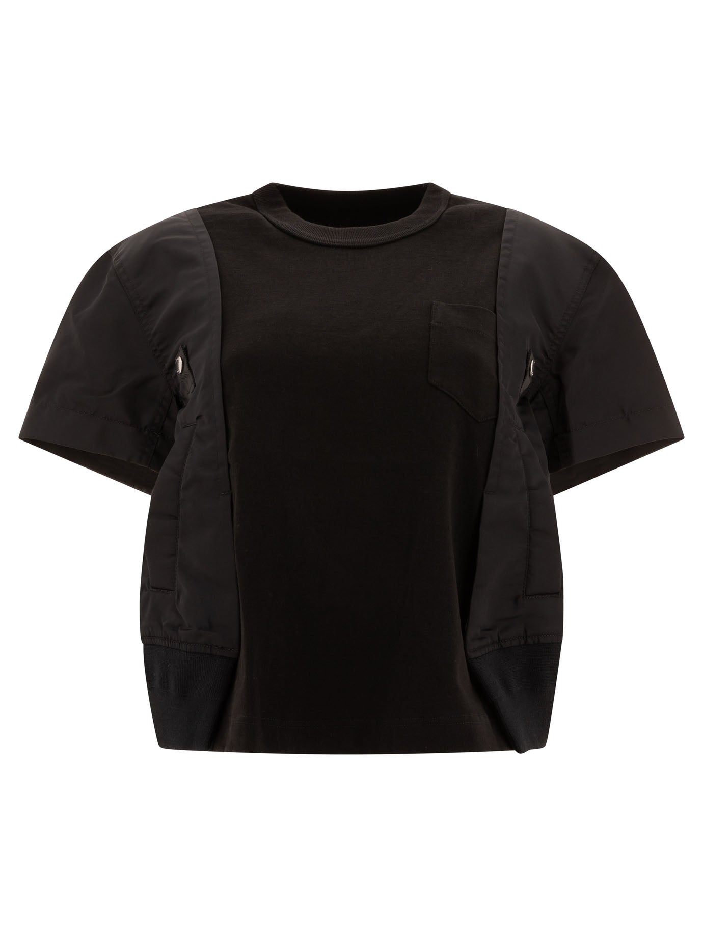 Sacai-Nylon Twill X Cotton Jersey T-Shirts Nero-Donna