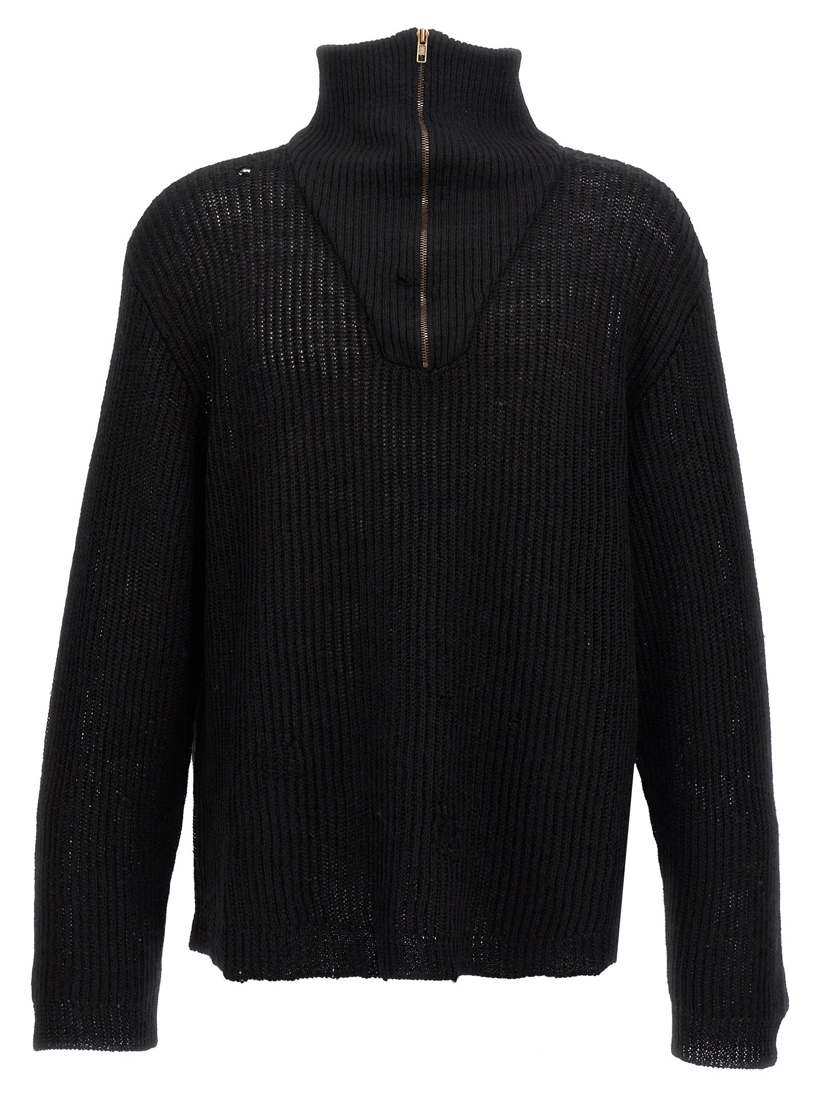 Maison Margiela-Distressed Half Zip Sweater Maglioni Nero-Uomo