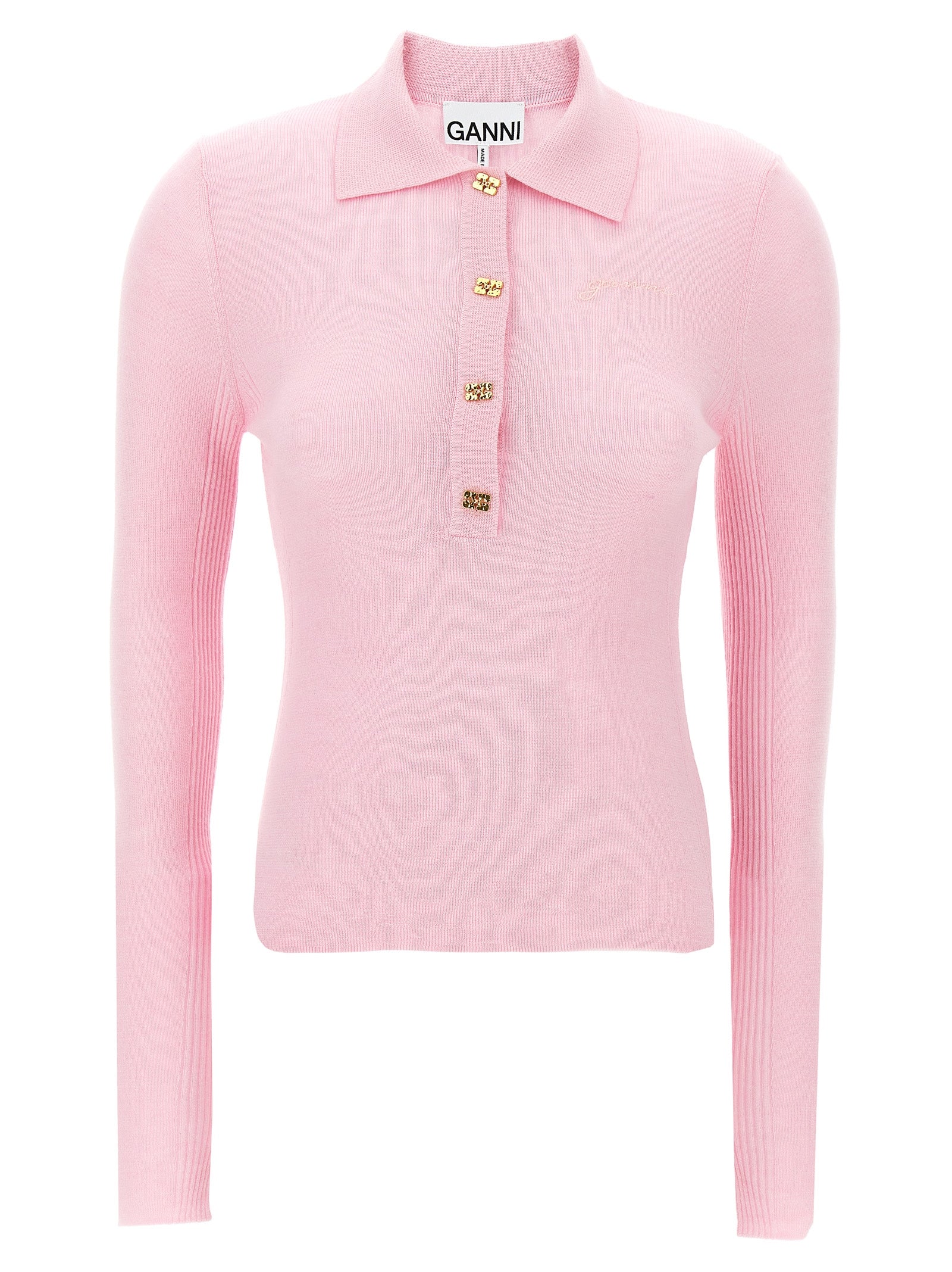 Ganni-Logo Embroidery Knitted Shirt Polo Rosa-Donna